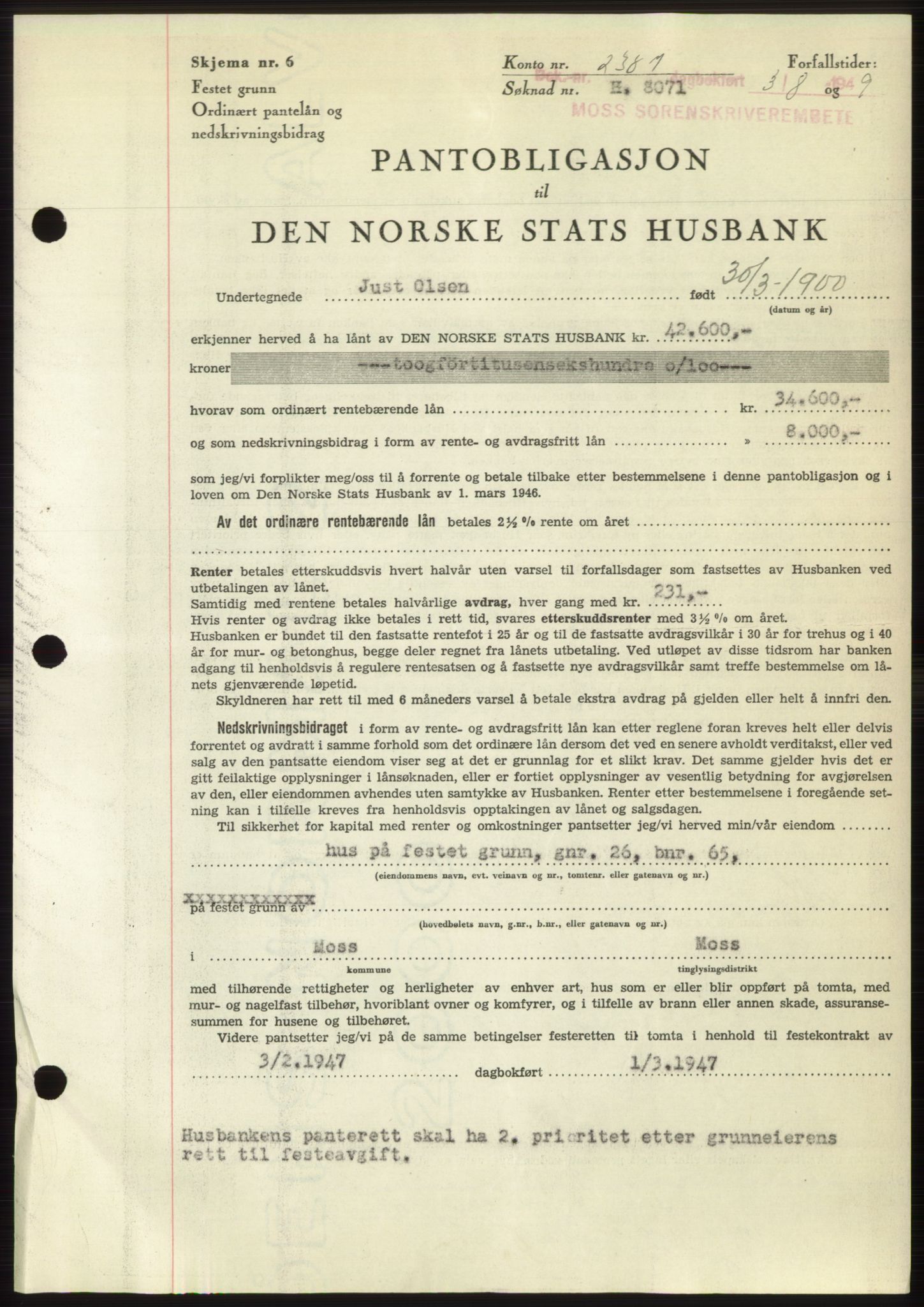 Moss sorenskriveri, SAO/A-10168: Pantebok nr. B22, 1949-1949, Dagboknr: 2387/1949