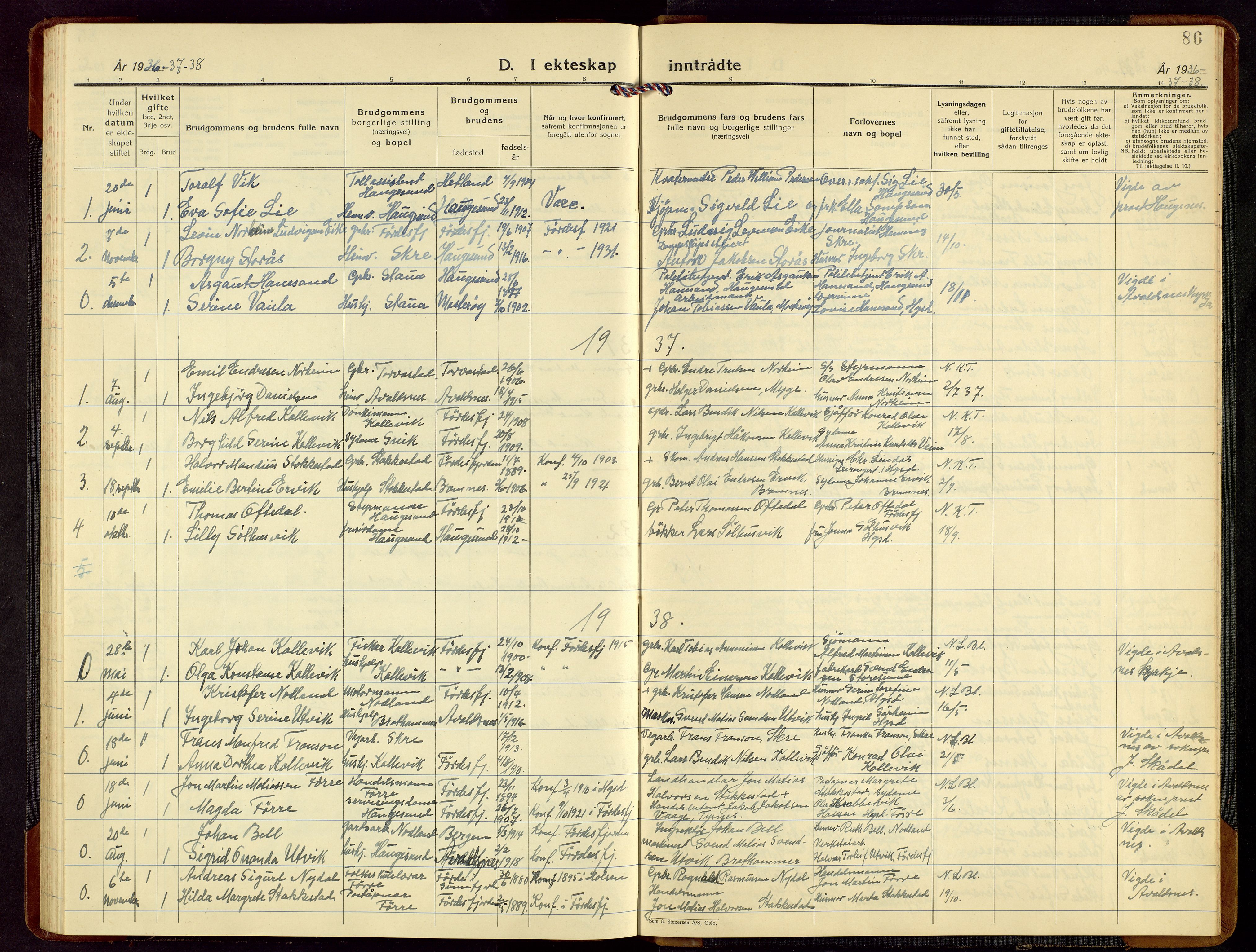 Avaldsnes sokneprestkontor, SAST/A -101851/H/Ha/Hab/L0012: Klokkerbok nr. B 12, 1930-1968, s. 86