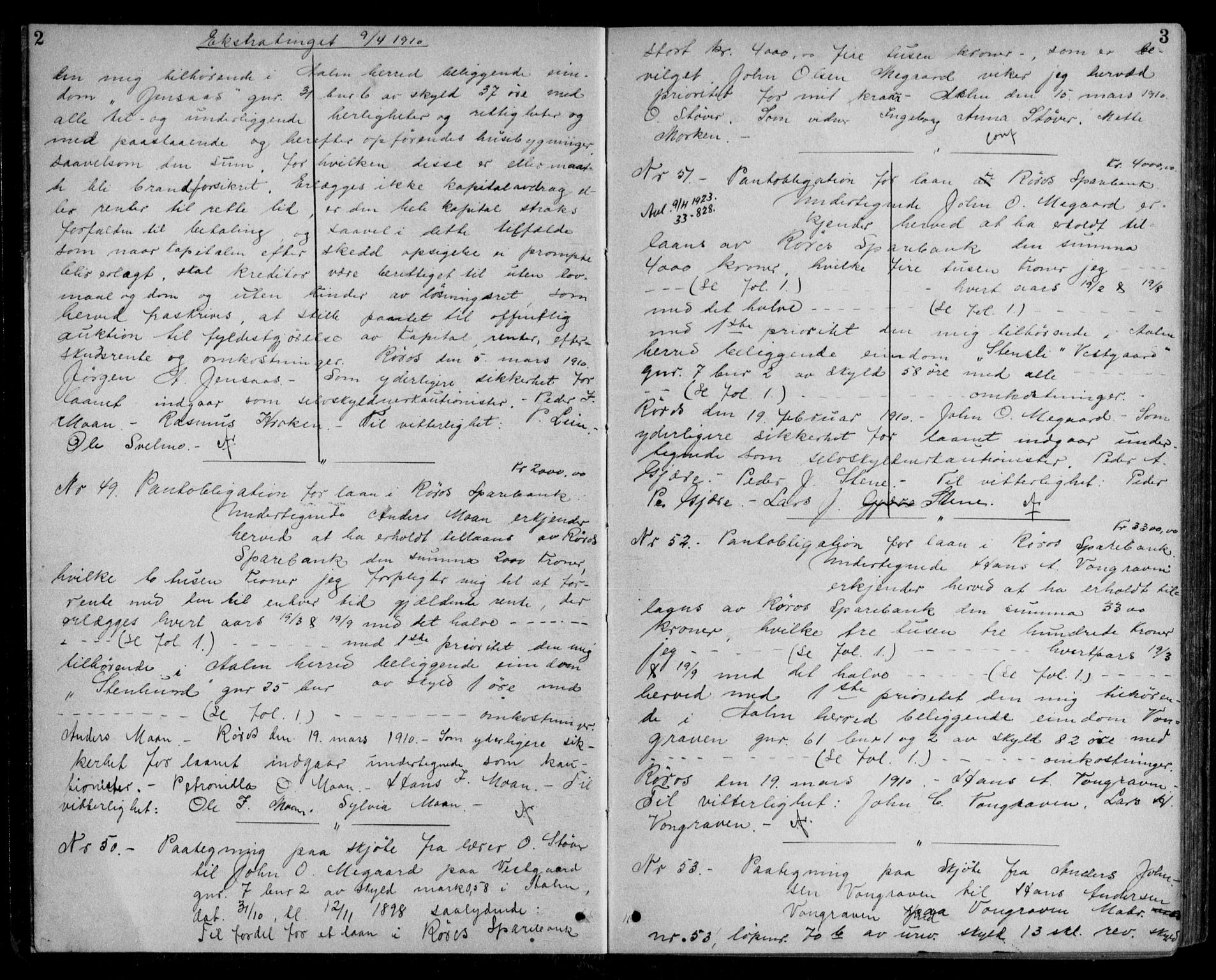 Gauldal sorenskriveri, SAT/A-0014/1/2/2C/L0026: Pantebok nr. 27, 1910-1911, s. 2-3