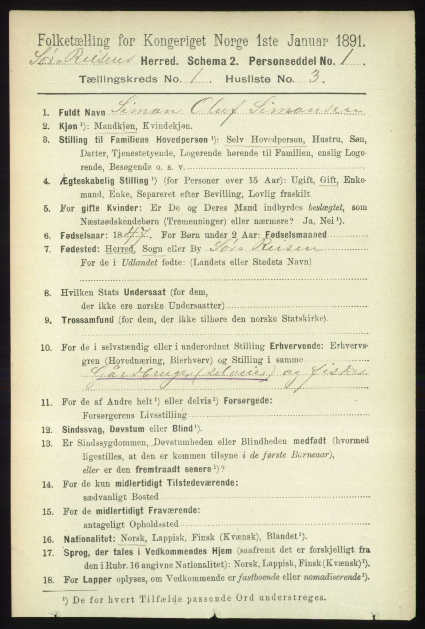 RA, Folketelling 1891 for 1925 Sørreisa herred, 1891, s. 74