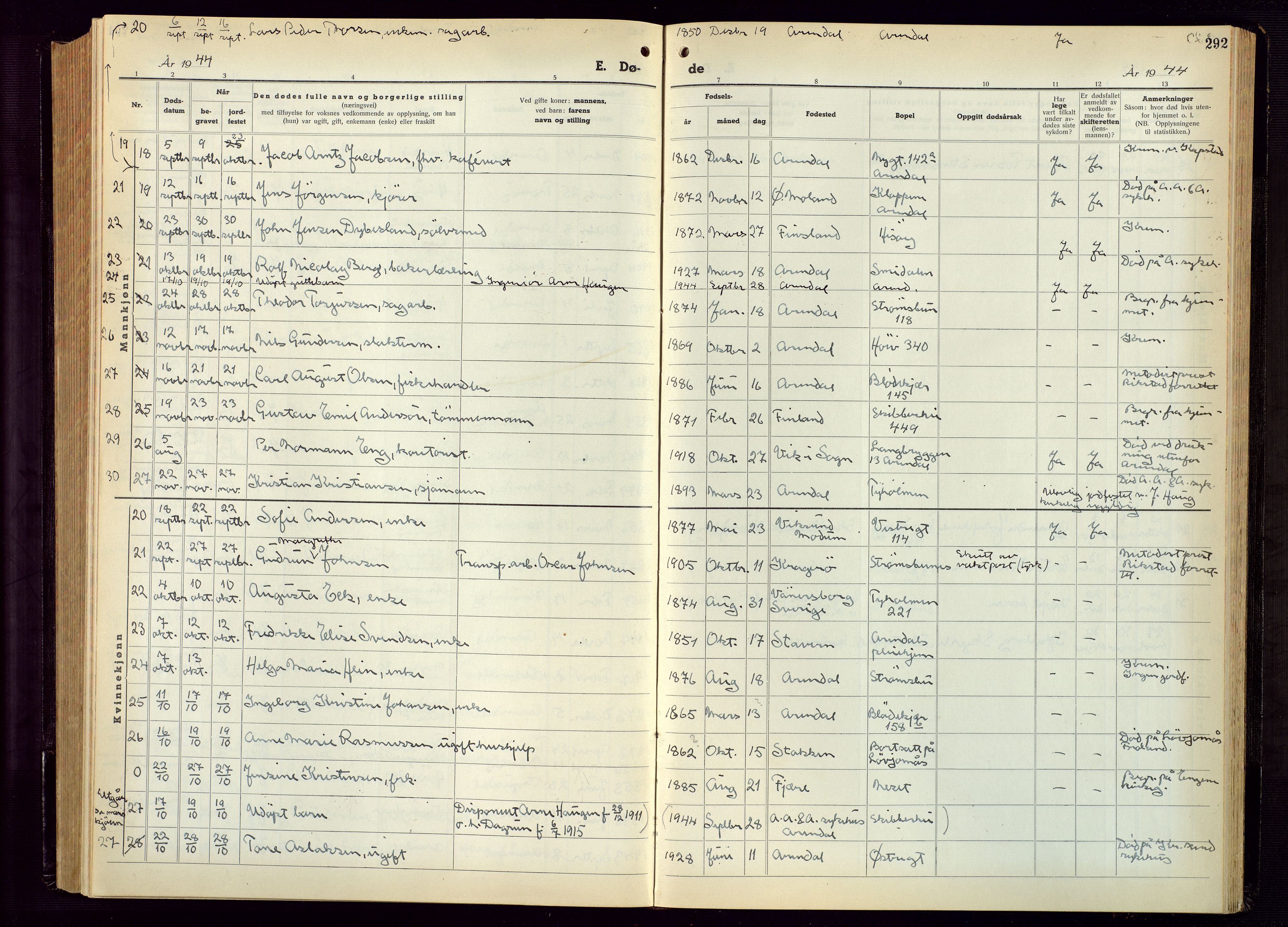 Arendal sokneprestkontor, Trefoldighet, AV/SAK-1111-0040/F/Fb/L0009: Klokkerbok nr. B 9, 1940-1949, s. 292