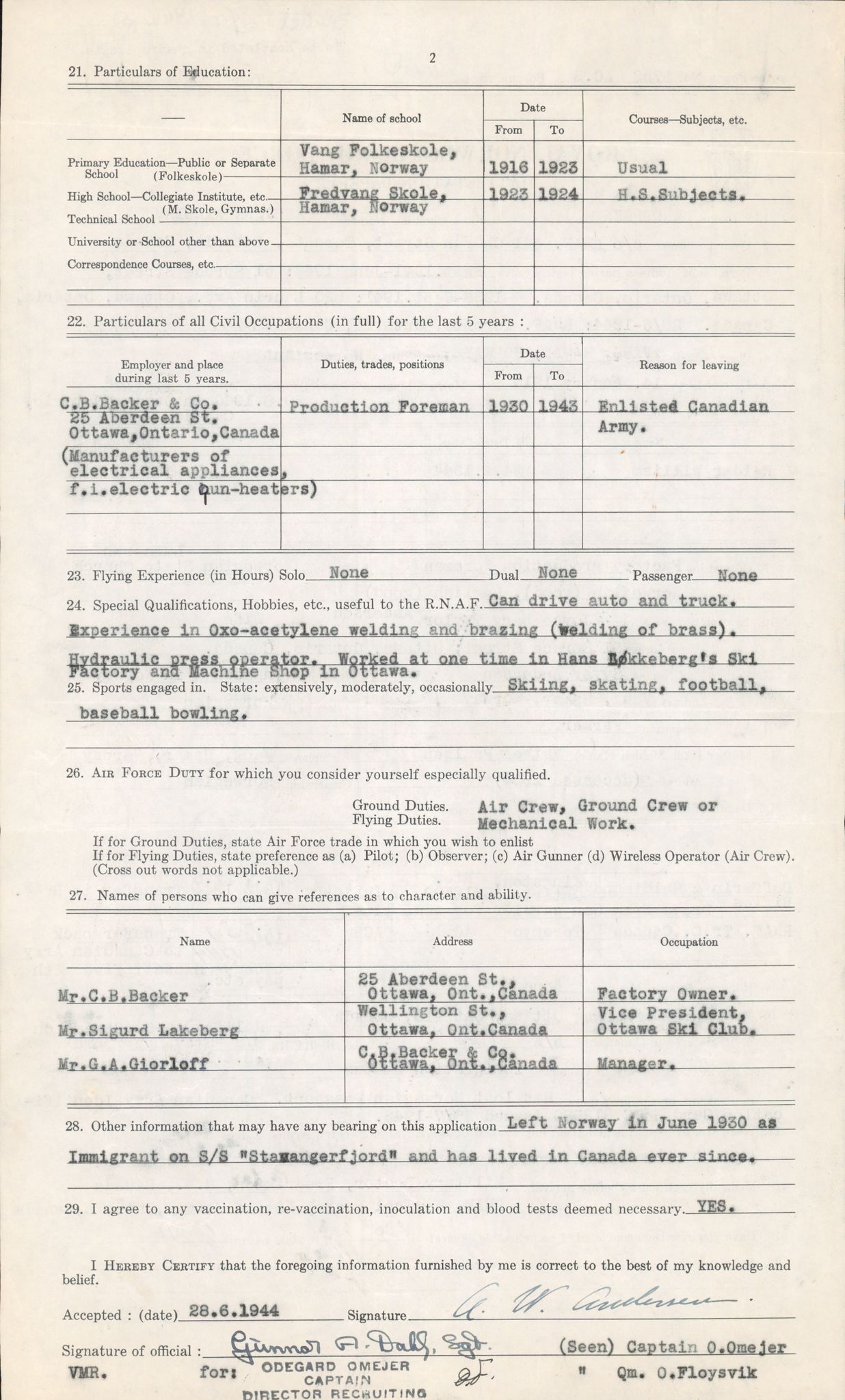 Forsvaret, Forsvarets overkommando/Luftforsvarsstaben, RA/RAFA-4079/P/Pa/L0024: Personellpapirer, 1910, s. 13