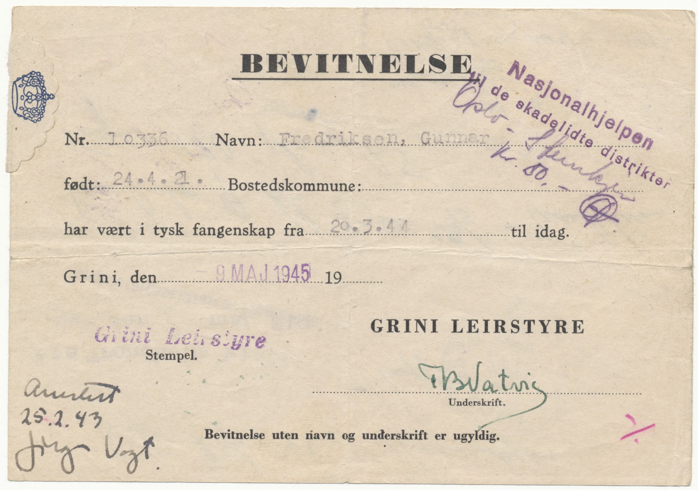 Falstadsenteret, dokumentsamling, FSM/A-001/F/L0494: Fredriksen, Ragna (f. 1922) og Gunnar (f. 1921), 1944-1945