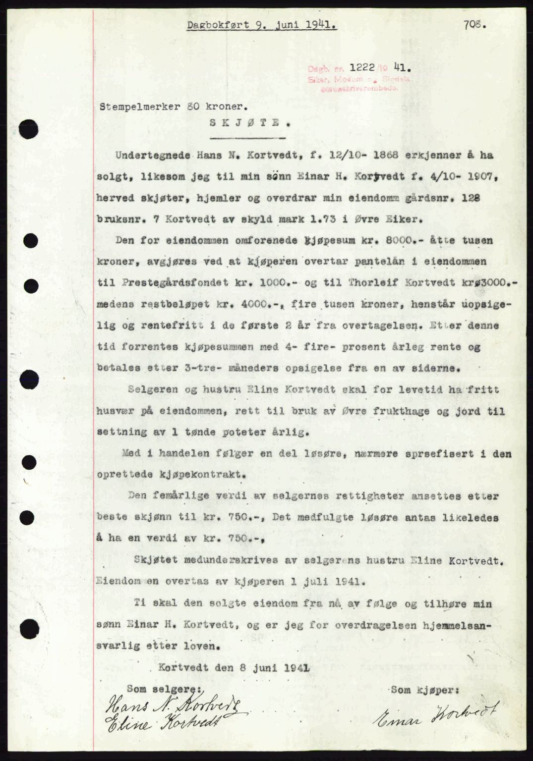 Eiker, Modum og Sigdal sorenskriveri, SAKO/A-123/G/Ga/Gab/L0043: Pantebok nr. A13, 1940-1941, Dagboknr: 1222/1941
