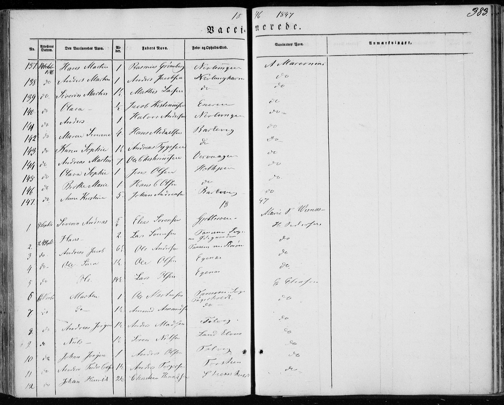 Brunlanes kirkebøker, SAKO/A-342/F/Fa/L0004: Ministerialbok nr. I 4, 1846-1862, s. 383