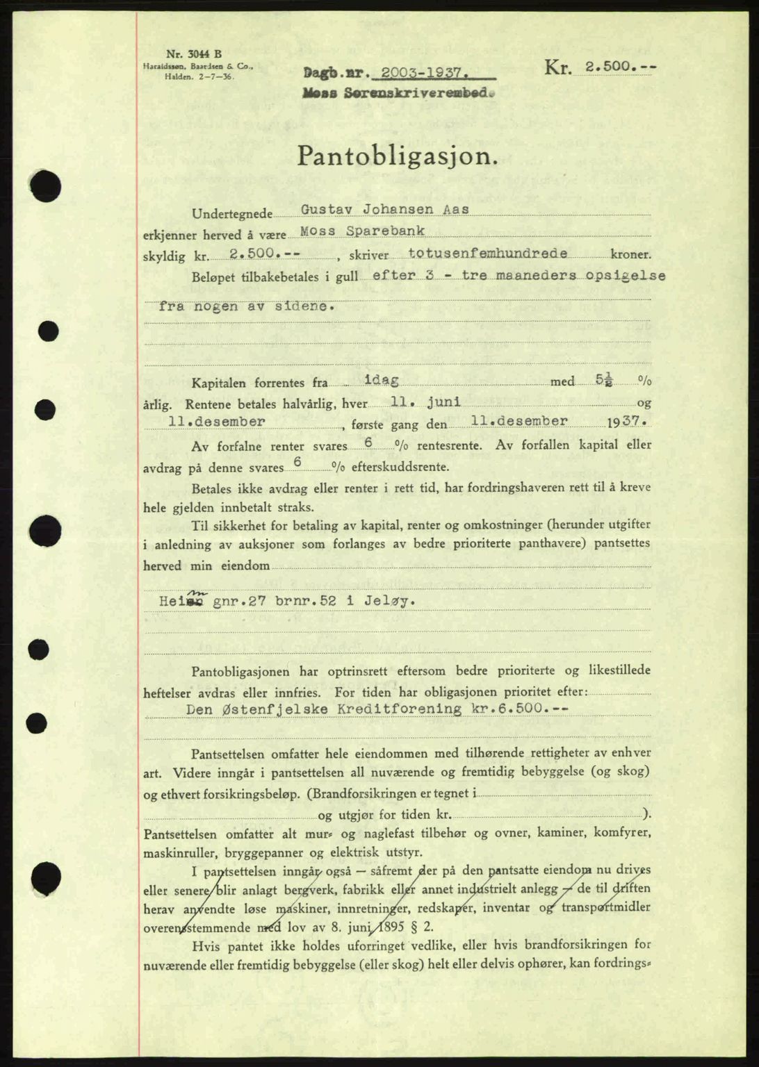 Moss sorenskriveri, SAO/A-10168: Pantebok nr. B4, 1937-1938, Dagboknr: 2003/1937