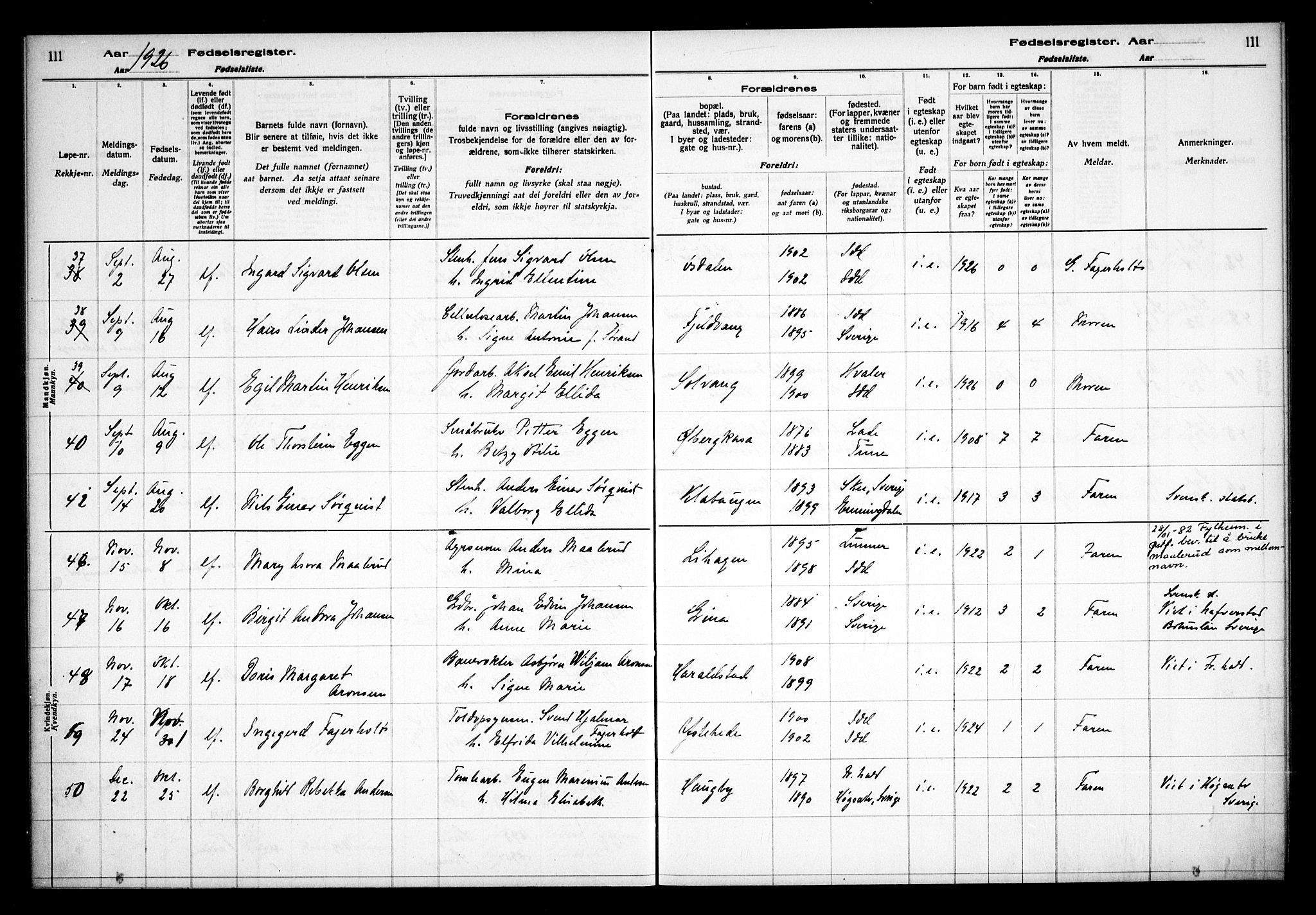 Idd prestekontor Kirkebøker, AV/SAO-A-10911/J/Ja/L0001: Fødselsregister nr. I 1, 1916-1937, s. 111