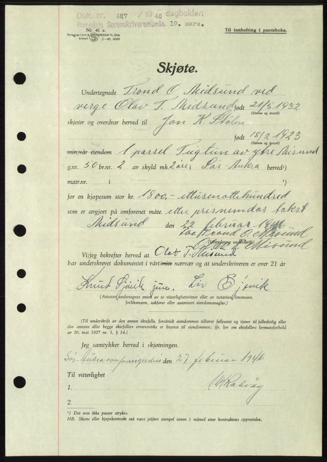 Romsdal sorenskriveri, SAT/A-4149/1/2/2C: Pantebok nr. A19, 1946-1946, Dagboknr: 427/1946