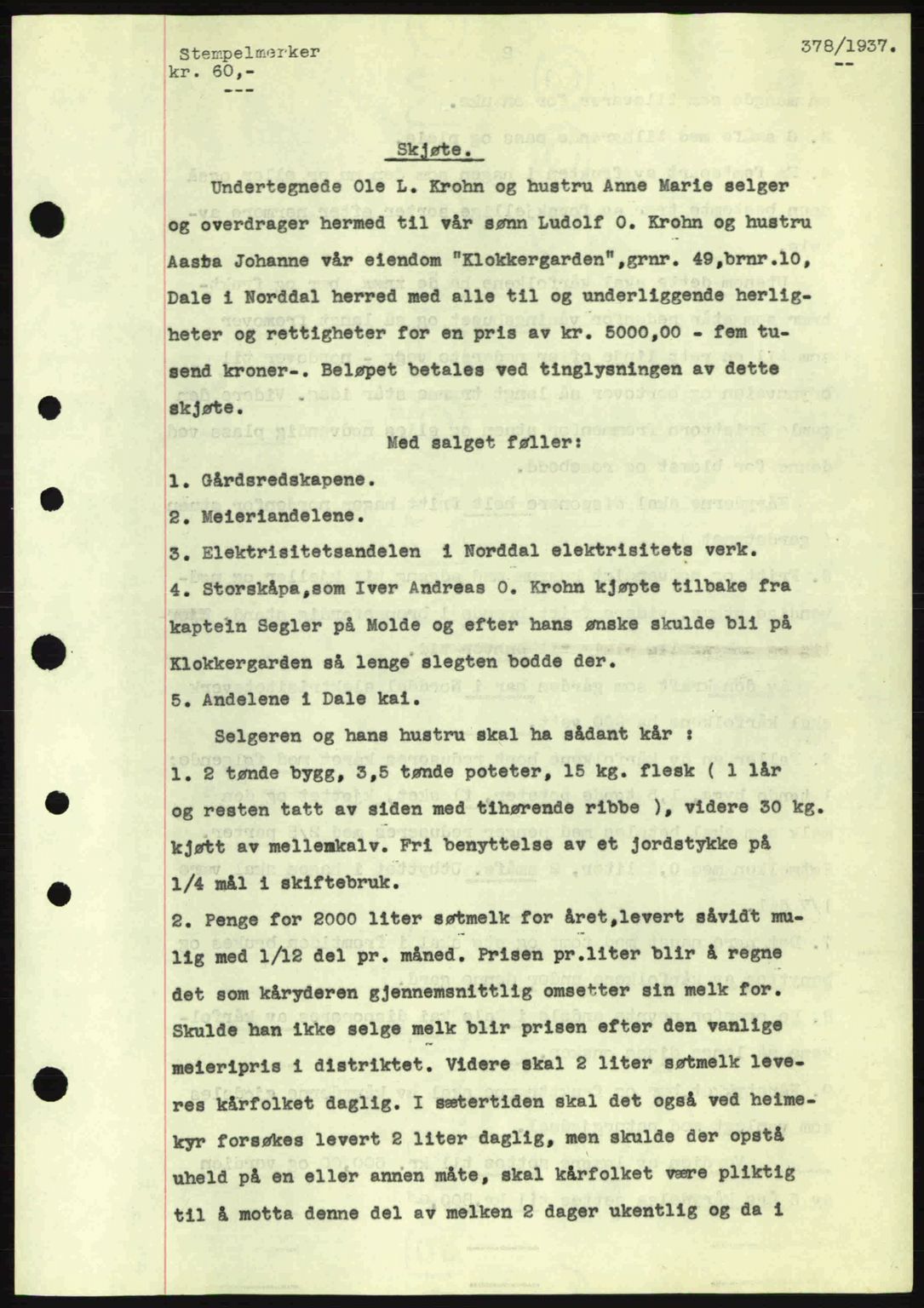 Nordre Sunnmøre sorenskriveri, SAT/A-0006/1/2/2C/2Ca: Pantebok nr. A2, 1936-1937, Dagboknr: 378/1937