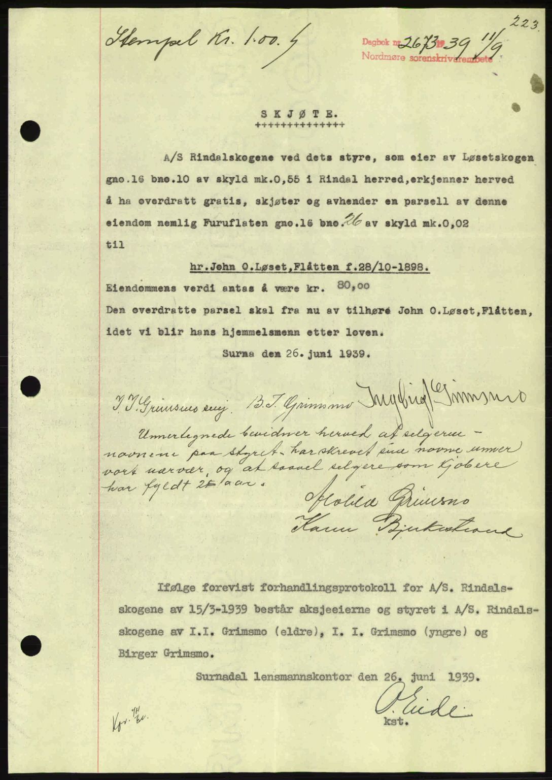 Nordmøre sorenskriveri, SAT/A-4132/1/2/2Ca: Pantebok nr. A87, 1939-1940, Dagboknr: 2673/1939