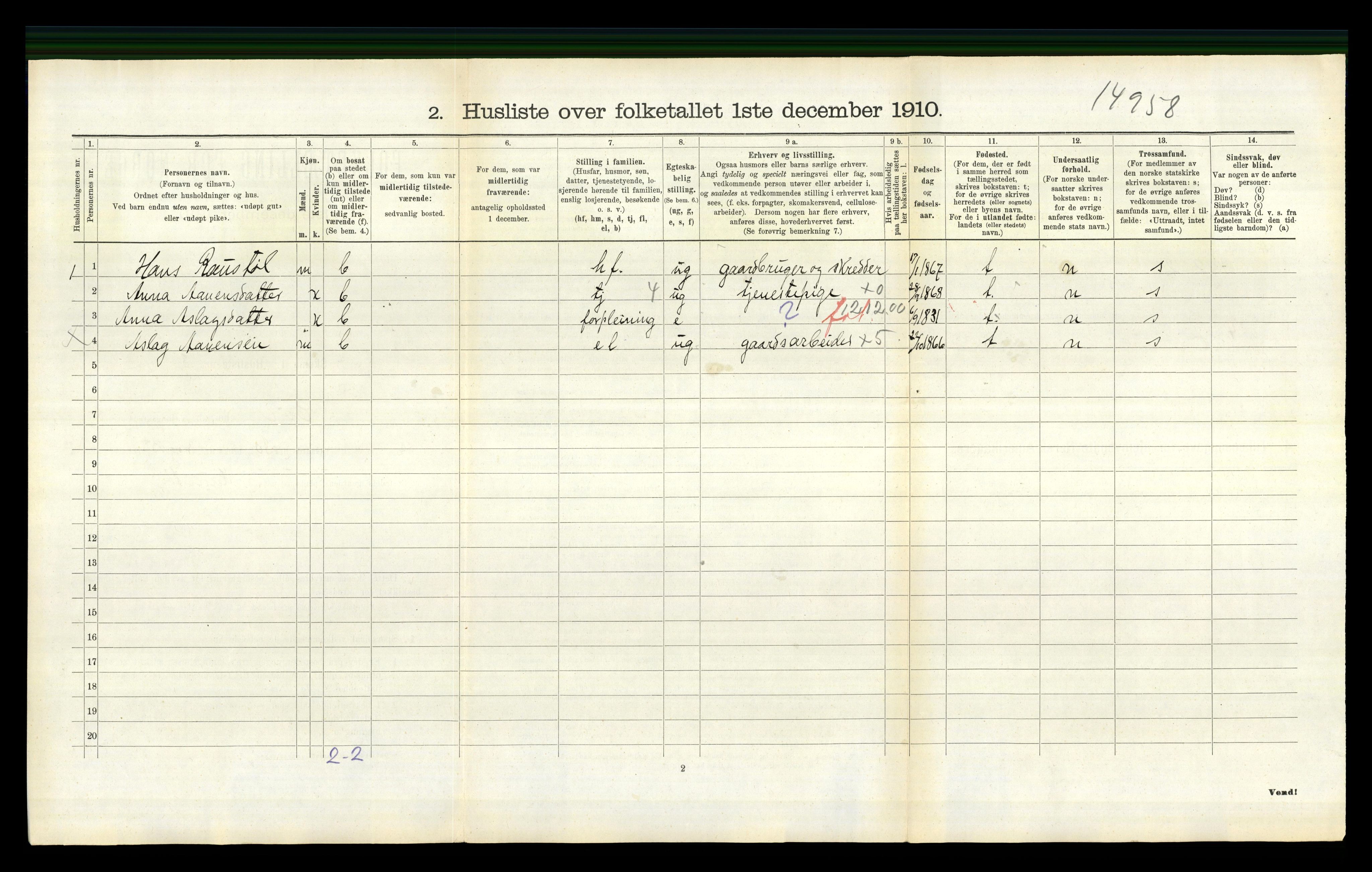 RA, Folketelling 1910 for 0937 Evje herred, 1910, s. 181