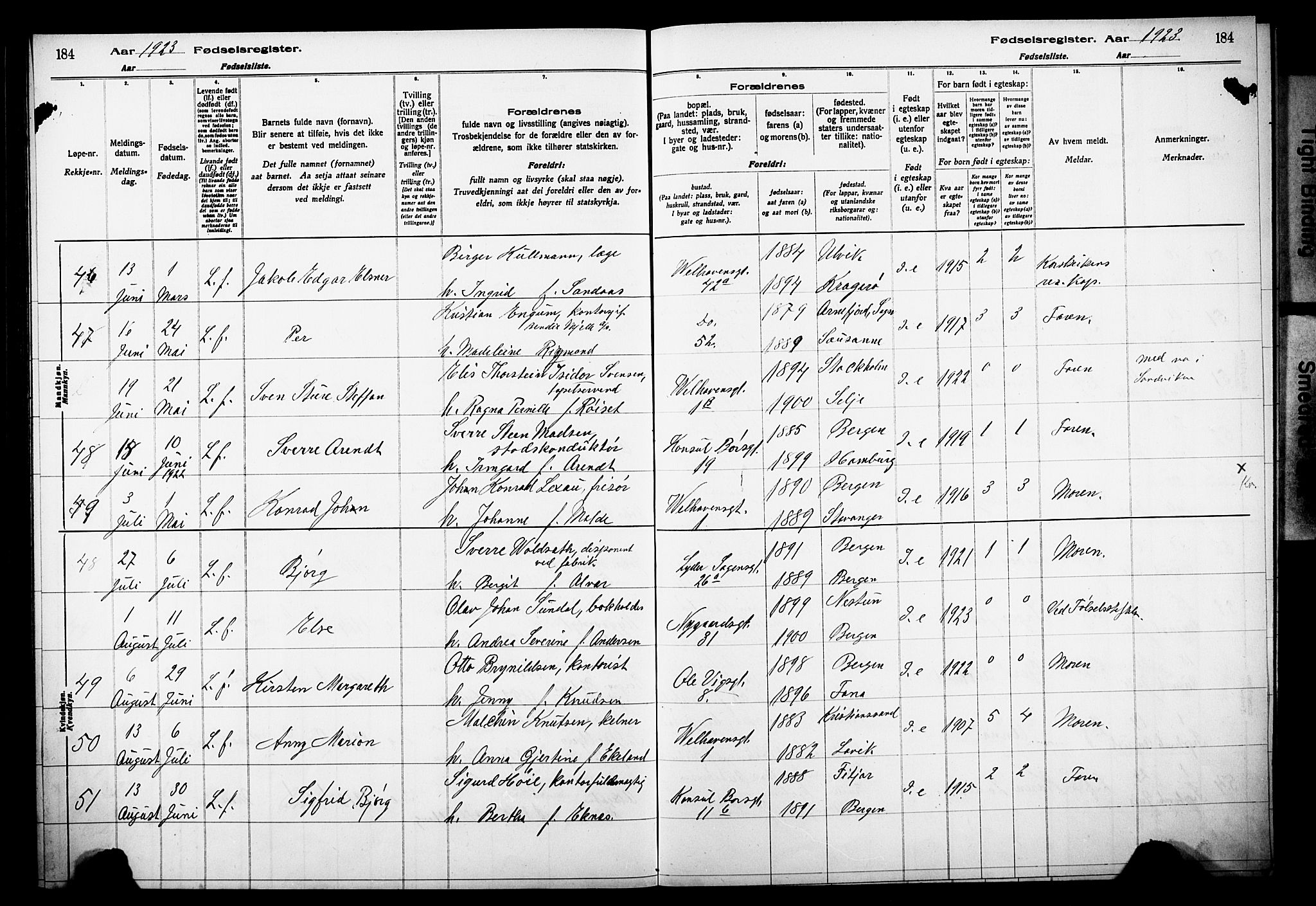 Johanneskirken sokneprestembete, AV/SAB-A-76001/I/Id/L00A1: Fødselsregister nr. A 1, 1916-1924, s. 184