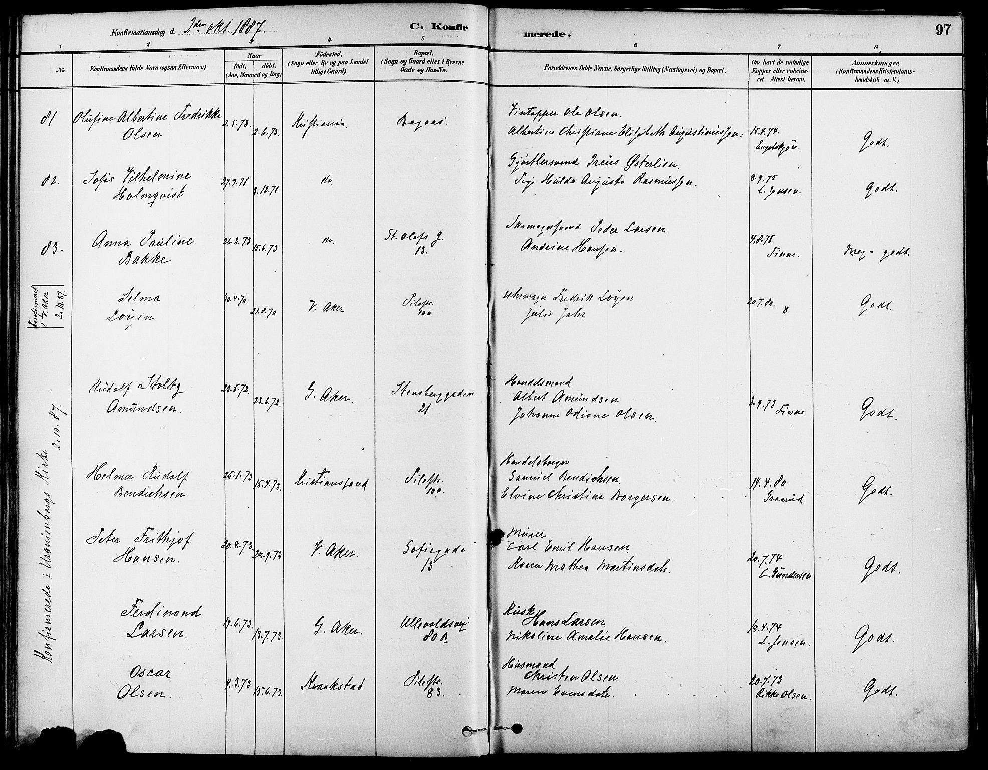 Gamle Aker prestekontor Kirkebøker, AV/SAO-A-10617a/F/L0007: Ministerialbok nr. 7, 1882-1890, s. 97