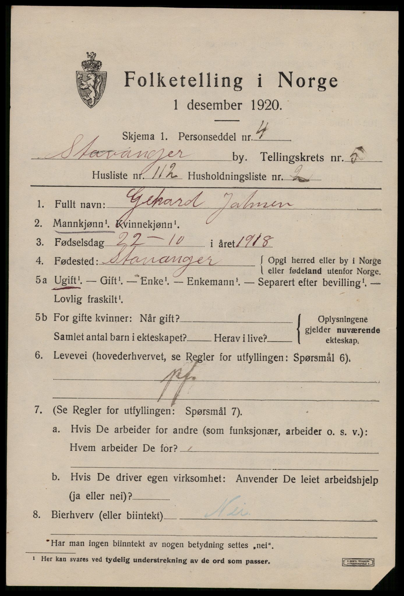 SAST, Folketelling 1920 for 1103 Stavanger kjøpstad, 1920, s. 42184