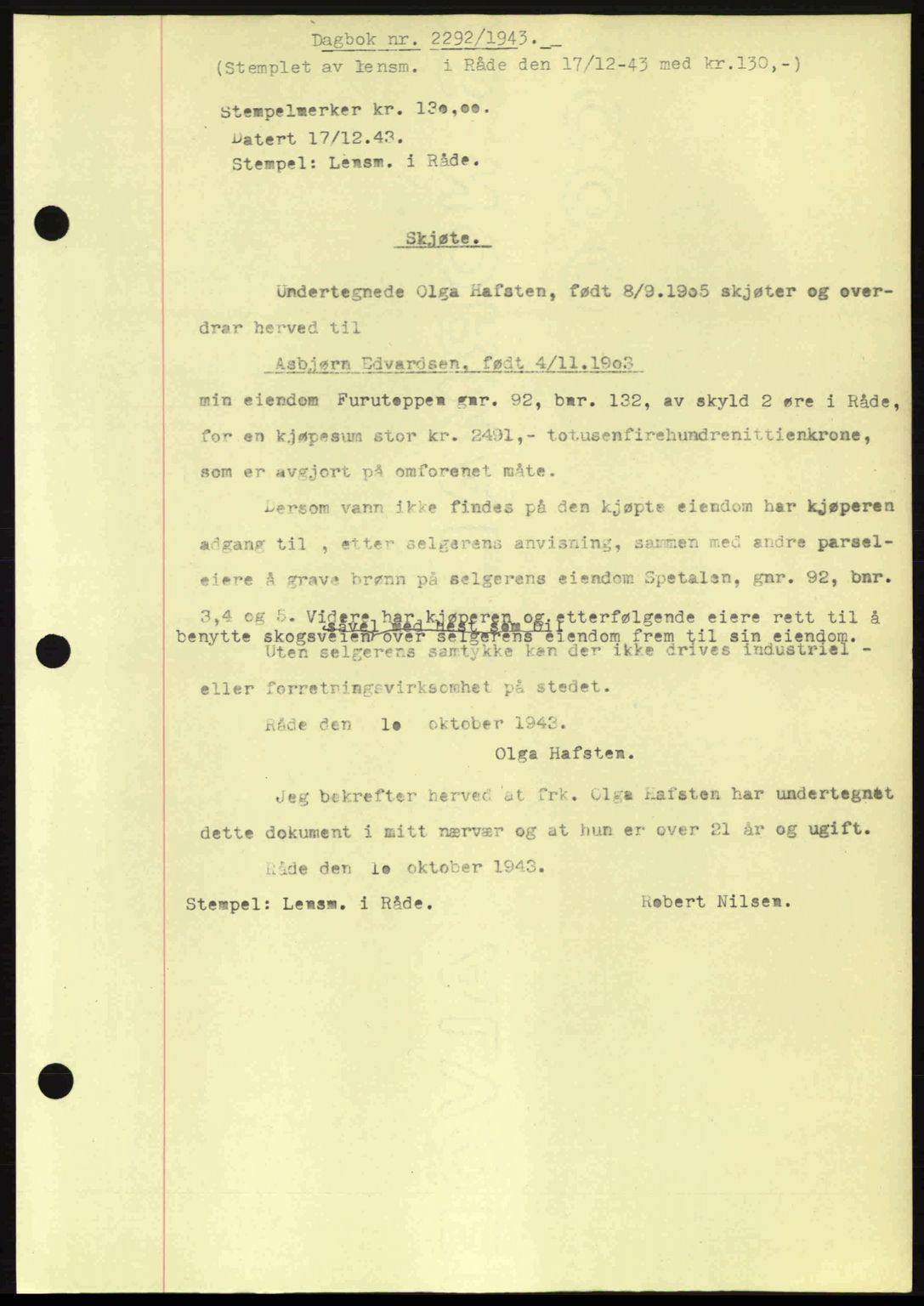Moss sorenskriveri, SAO/A-10168: Pantebok nr. A12, 1943-1944, Dagboknr: 2292/1943