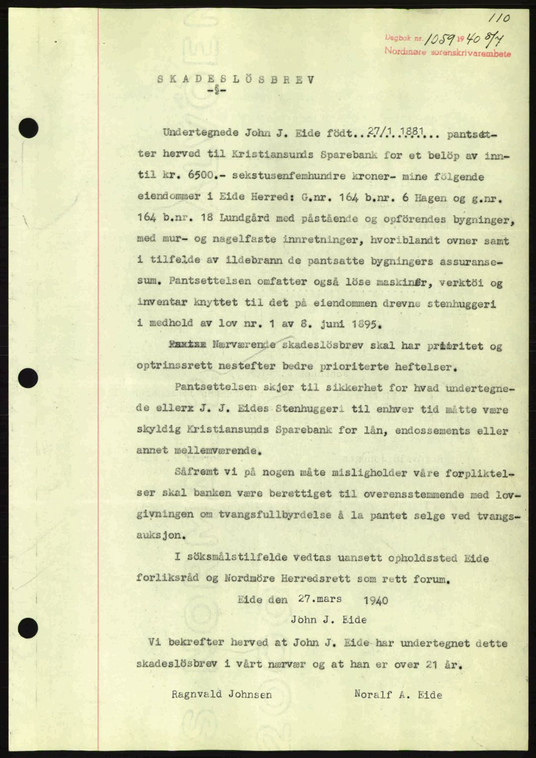 Nordmøre sorenskriveri, AV/SAT-A-4132/1/2/2Ca: Pantebok nr. B87, 1940-1941, Dagboknr: 1059/1940