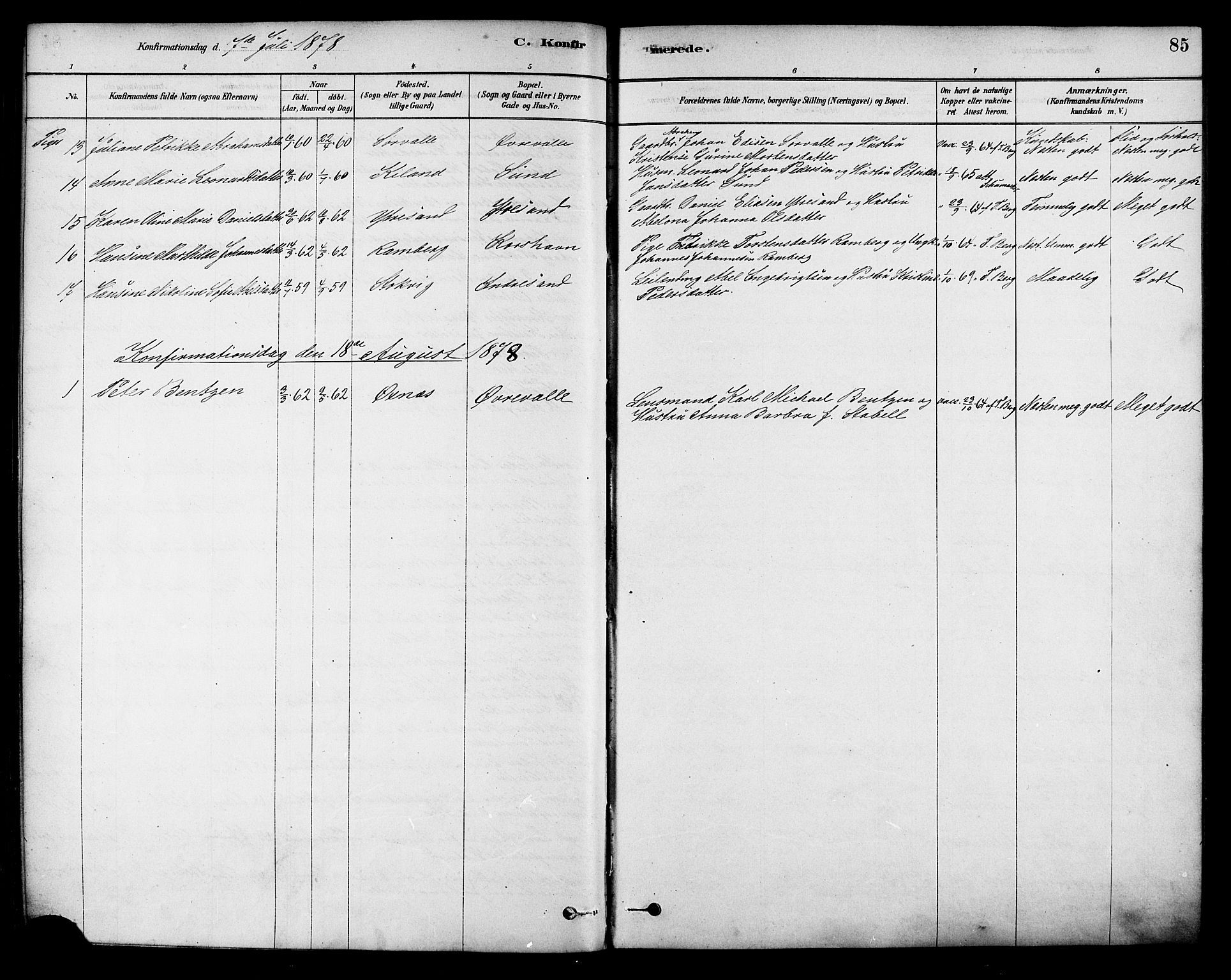 Ministerialprotokoller, klokkerbøker og fødselsregistre - Nordland, SAT/A-1459/885/L1204: Ministerialbok nr. 885A05, 1878-1892, s. 85