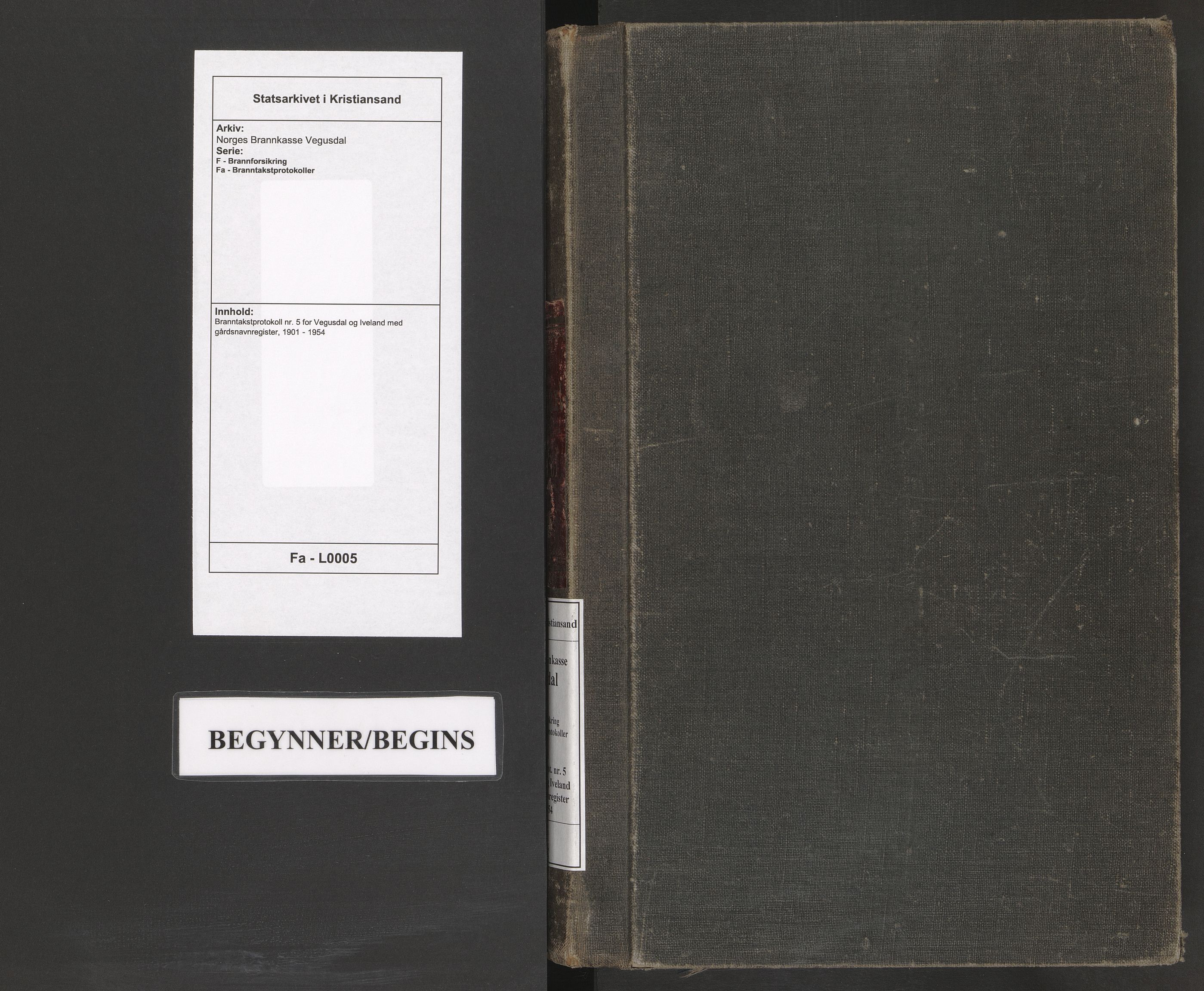 Norges Brannkasse Vegusdal, AV/SAK-2241-0053/F/Fa/L0005: Branntakstprotokoll nr. 5 for Vegusdal og Iveland med gårdsnavnregister, 1901-1954