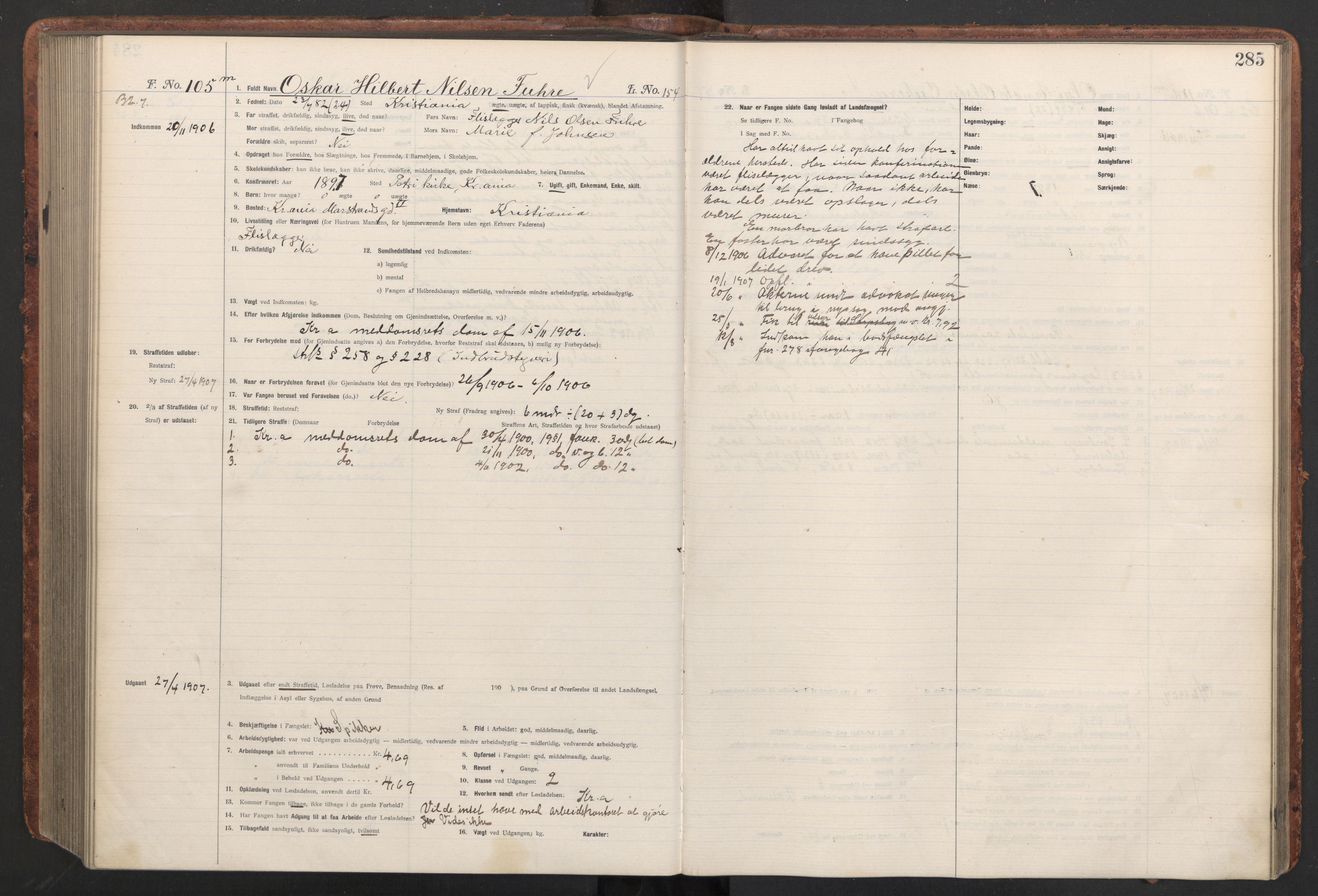 Botsfengslet, AV/RA-S-1539/D/Db/Dbb/L0040: 821l - 171m, 1905-1907, s. 285