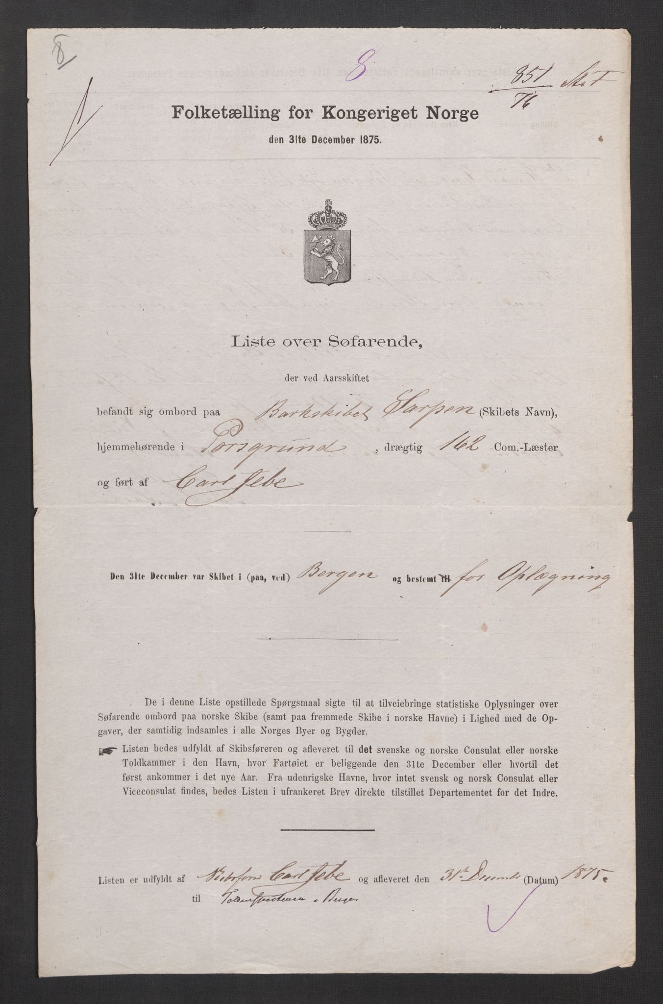 RA, Folketelling 1875, skipslister: Skip i innenrikske havner, hjemmehørende i byer og ladesteder, 1875, s. 299