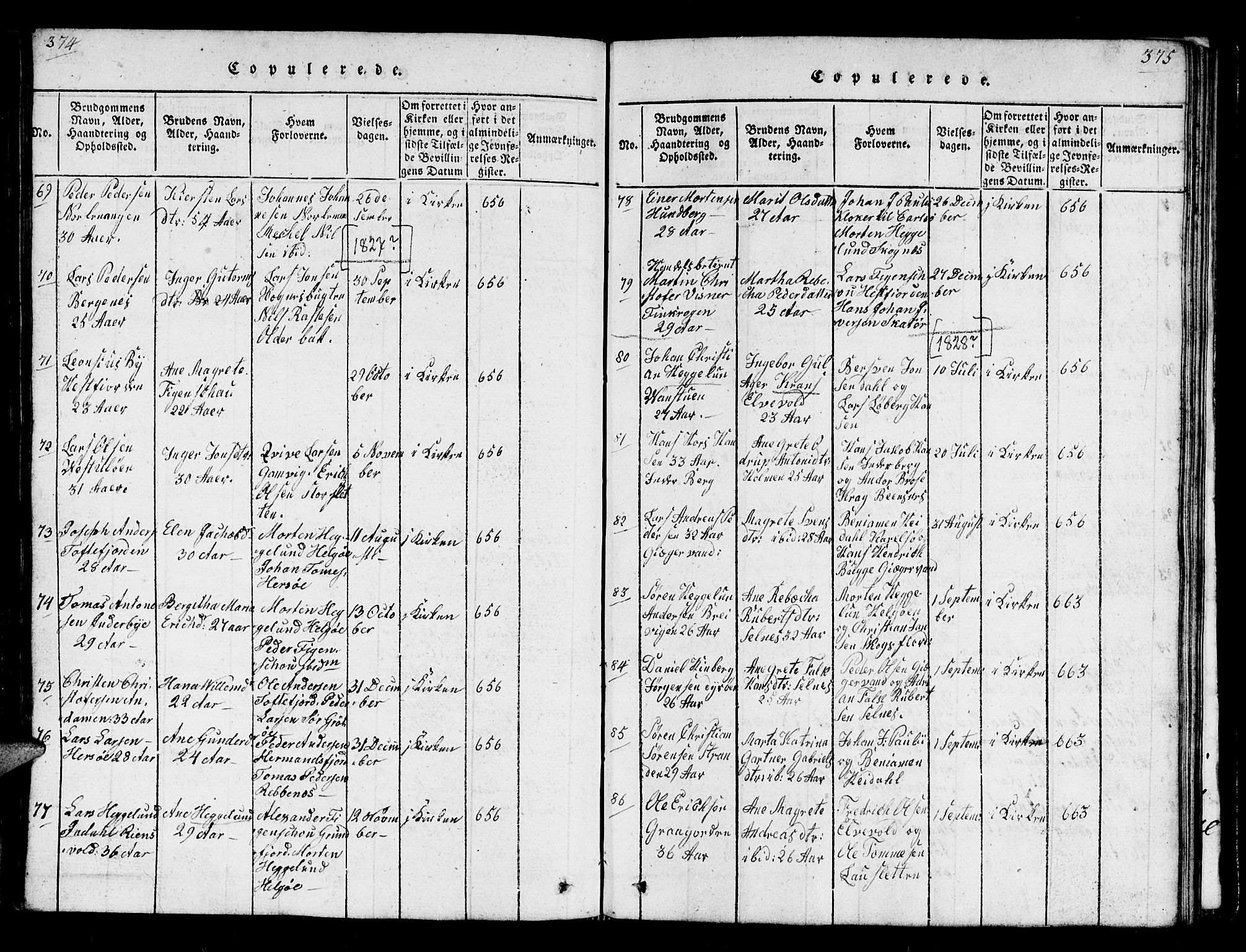 Karlsøy sokneprestembete, AV/SATØ-S-1299/H/Ha/Hab/L0001klokker: Klokkerbok nr. 1, 1821-1840, s. 374-375