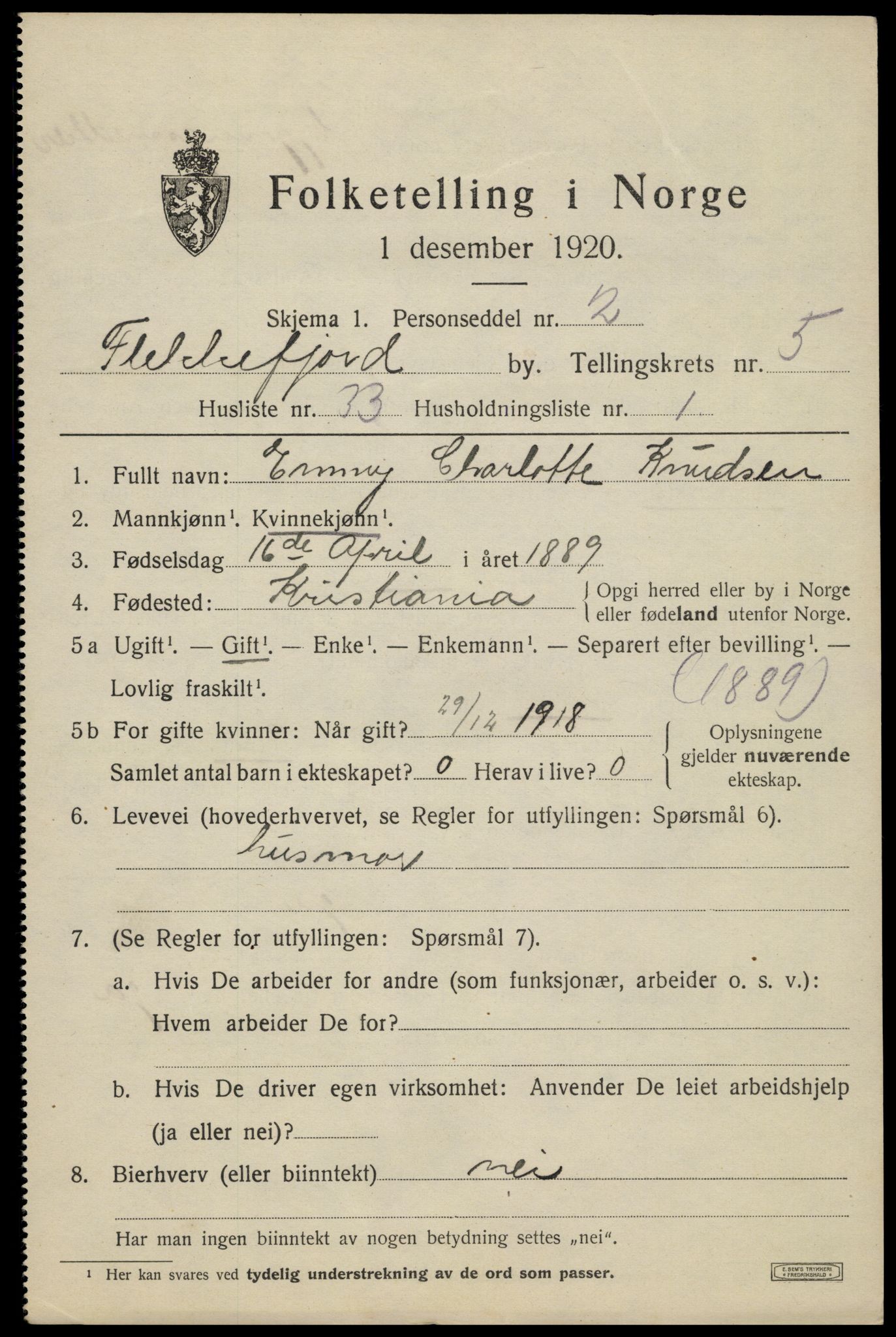 SAK, Folketelling 1920 for 1004 Flekkefjord kjøpstad, 1920, s. 5724