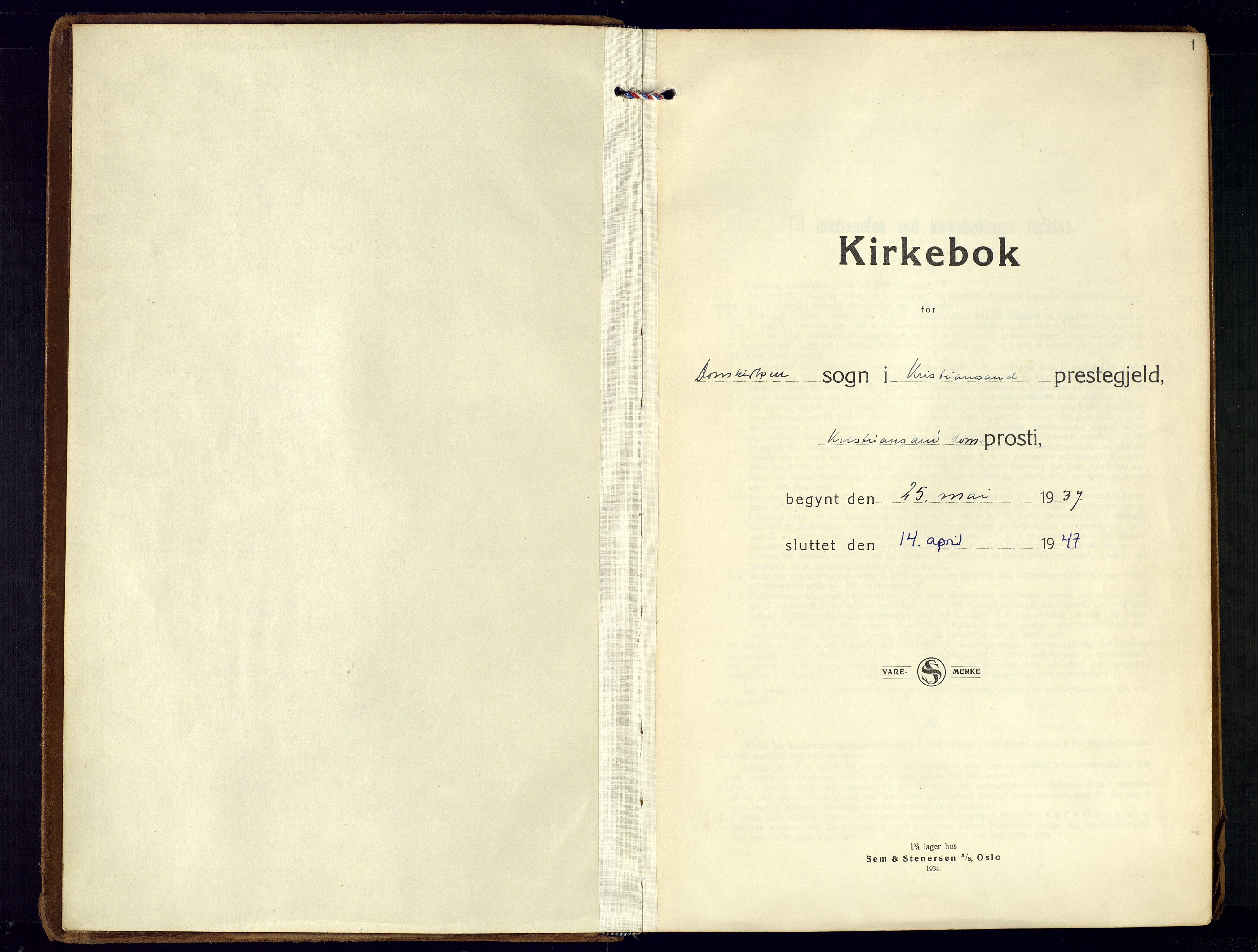 Kristiansand domprosti, SAK/1112-0006/F/Fa/L0037: Ministerialbok nr. A-36, 1937-1947, s. 1