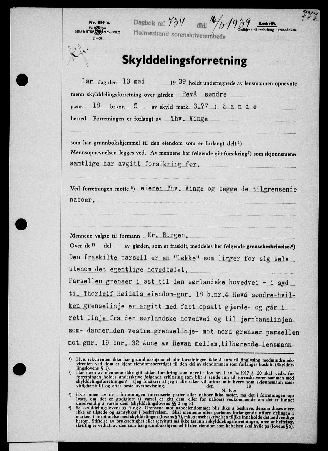 Holmestrand sorenskriveri, SAKO/A-67/G/Ga/Gaa/L0050: Pantebok nr. A-50, 1938-1939, Dagboknr: 734/1939