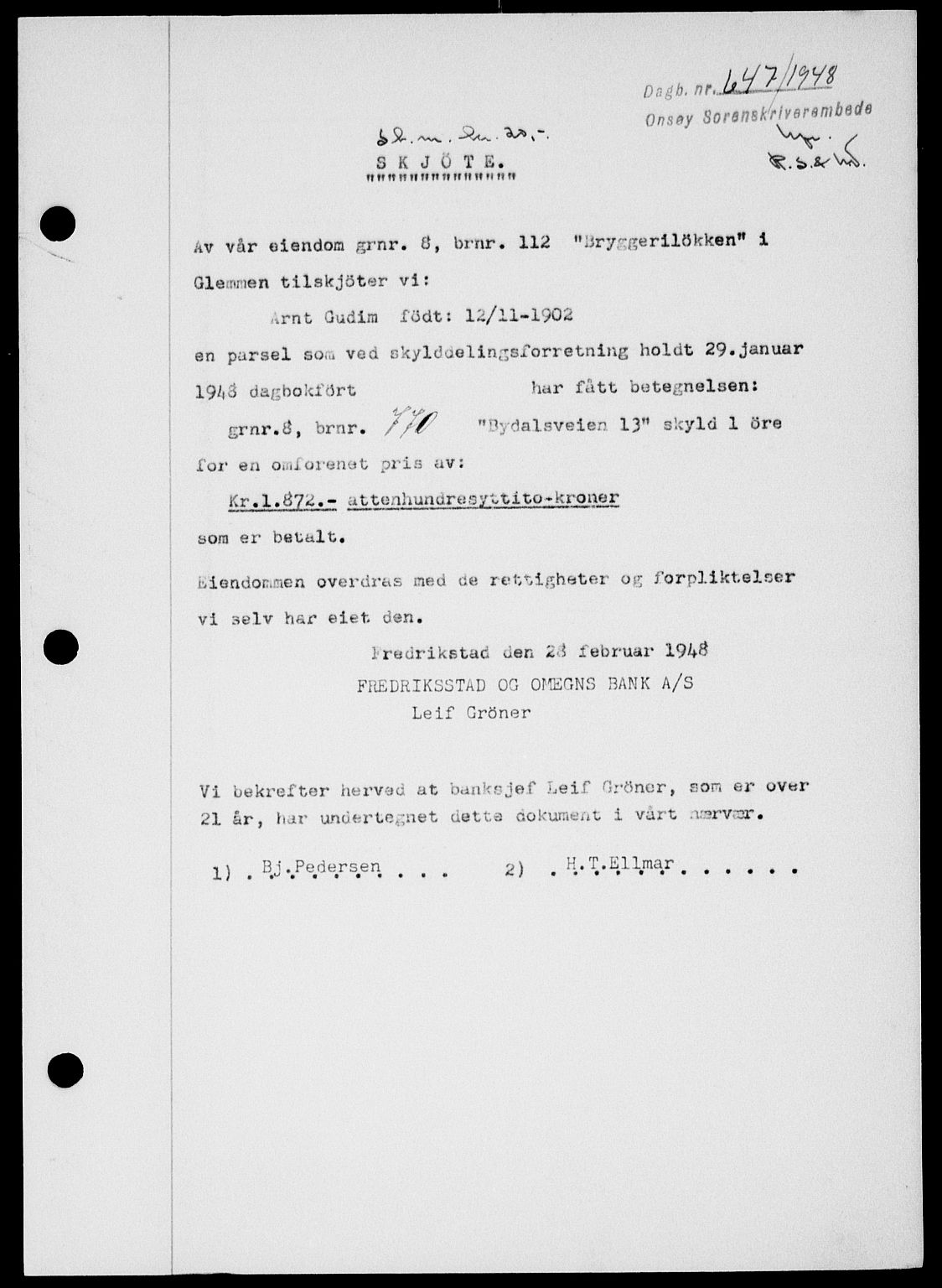 Onsøy sorenskriveri, SAO/A-10474/G/Ga/Gab/L0022: Pantebok nr. II A-22, 1947-1948, Dagboknr: 647/1948
