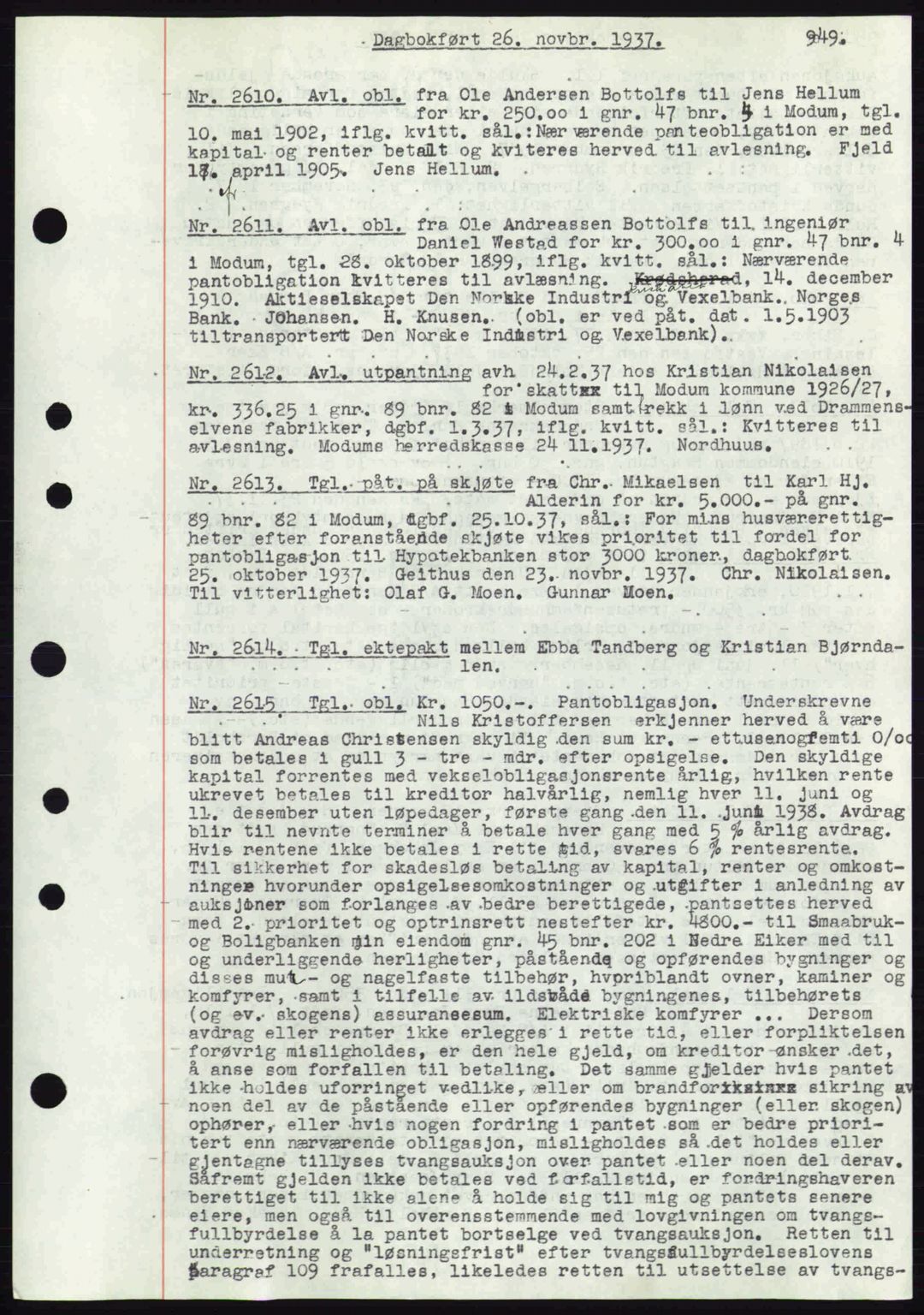 Eiker, Modum og Sigdal sorenskriveri, SAKO/A-123/G/Ga/Gab/L0036: Pantebok nr. A6, 1937-1937, Dagboknr: 2610/1937