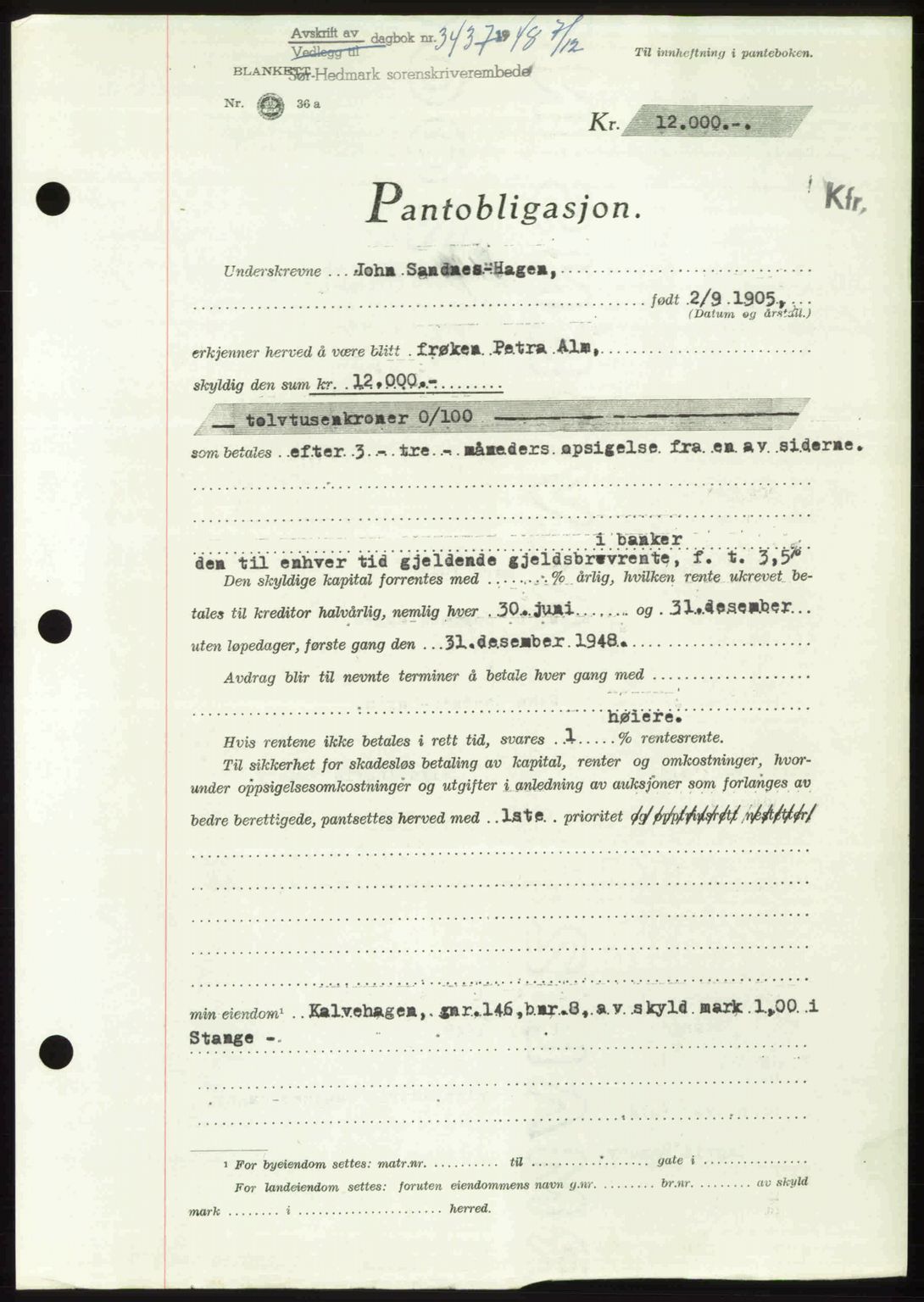 Sør-Hedmark sorenskriveri, SAH/TING-014/H/Hb/Hbd/L0018: Pantebok nr. 18, 1948-1949, Dagboknr: 3437/1948