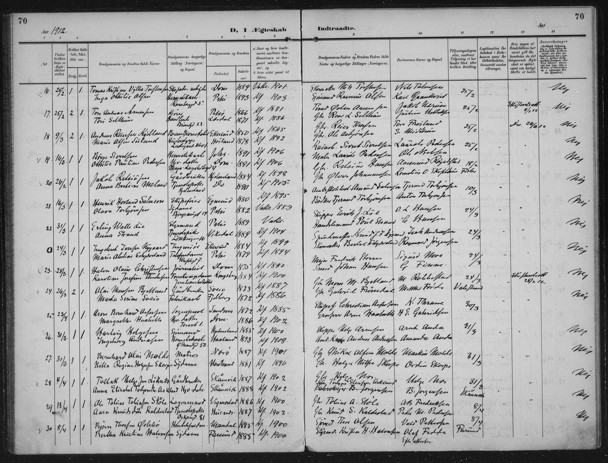 Domkirken sokneprestkontor, AV/SAST-A-101812/002/A/L0016: Ministerialbok nr. A 33, 1905-1922, s. 70