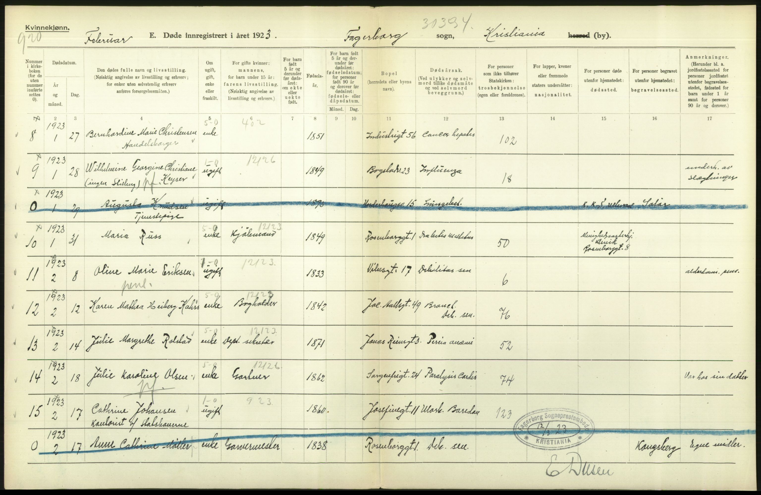 Statistisk sentralbyrå, Sosiodemografiske emner, Befolkning, AV/RA-S-2228/D/Df/Dfc/Dfcc/L0009: Kristiania: Døde, 1923, s. 236