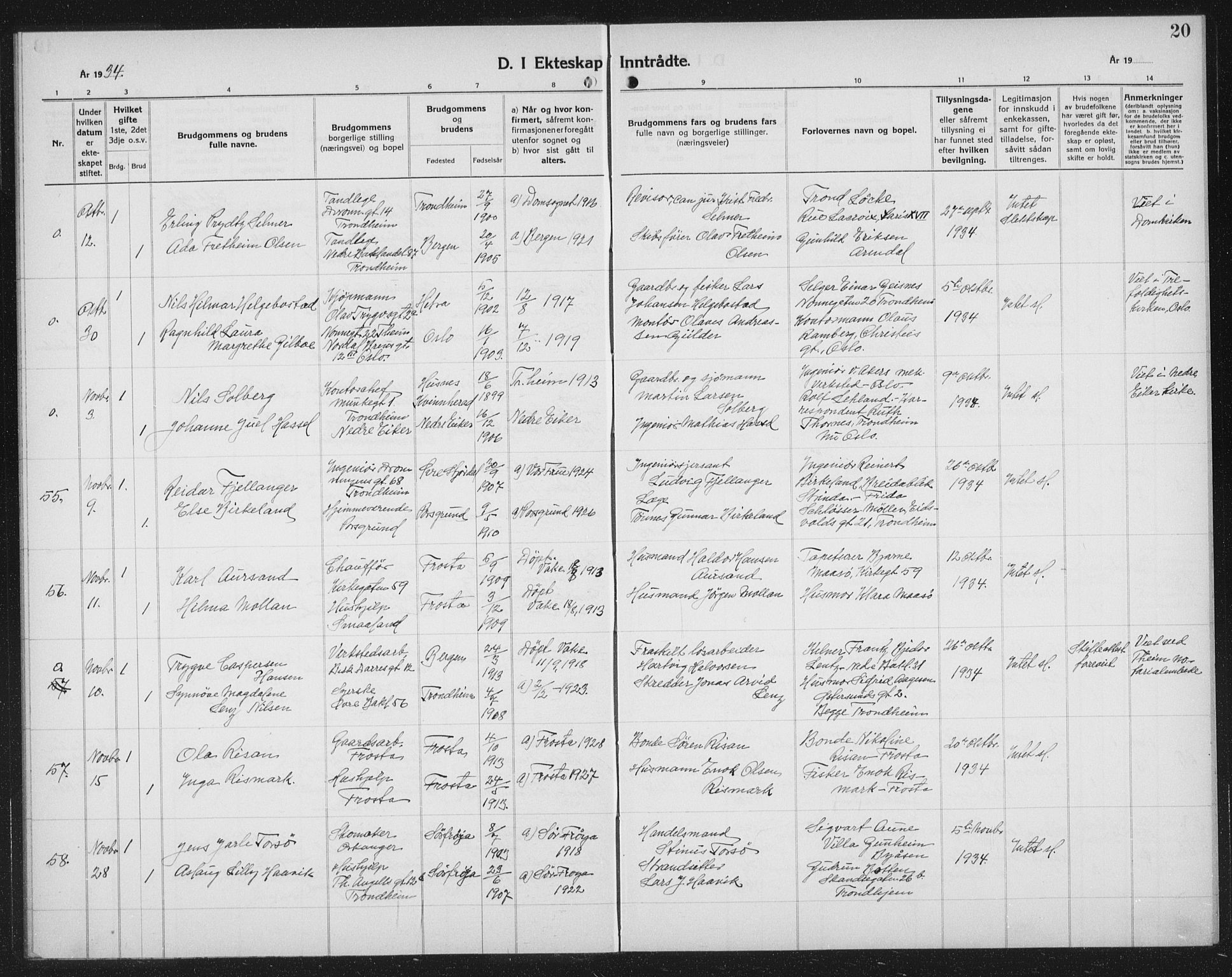 Ministerialprotokoller, klokkerbøker og fødselsregistre - Sør-Trøndelag, AV/SAT-A-1456/602/L0152: Klokkerbok nr. 602C20, 1933-1940, s. 20