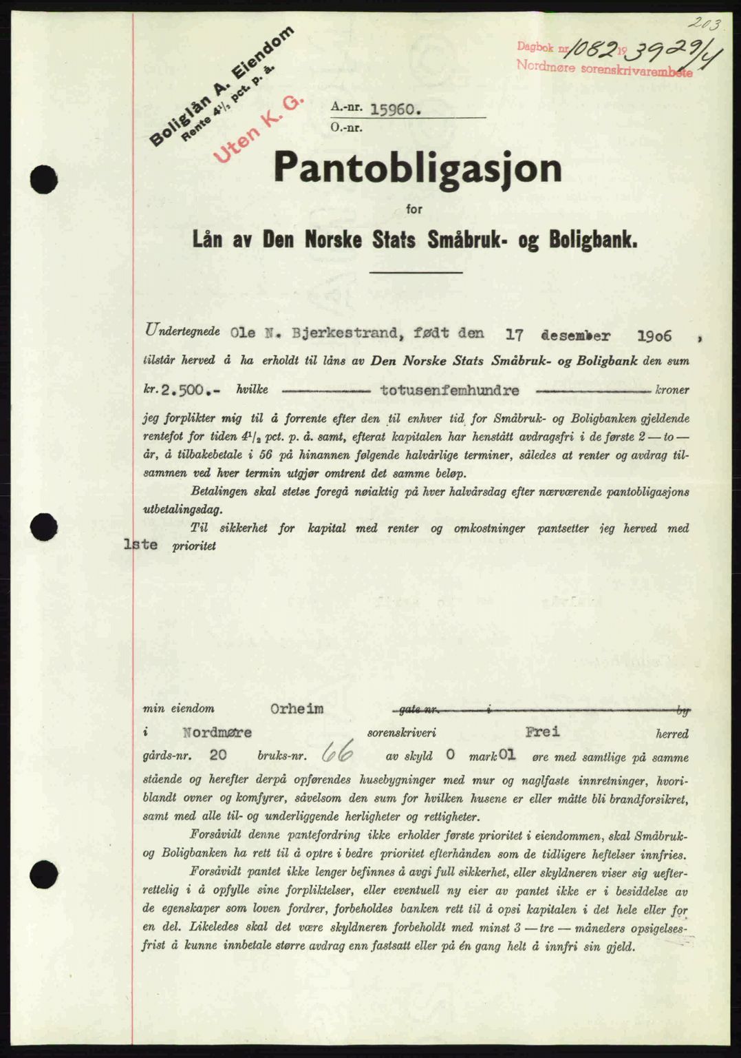 Nordmøre sorenskriveri, SAT/A-4132/1/2/2Ca: Pantebok nr. B85, 1939-1939, Dagboknr: 1082/1939