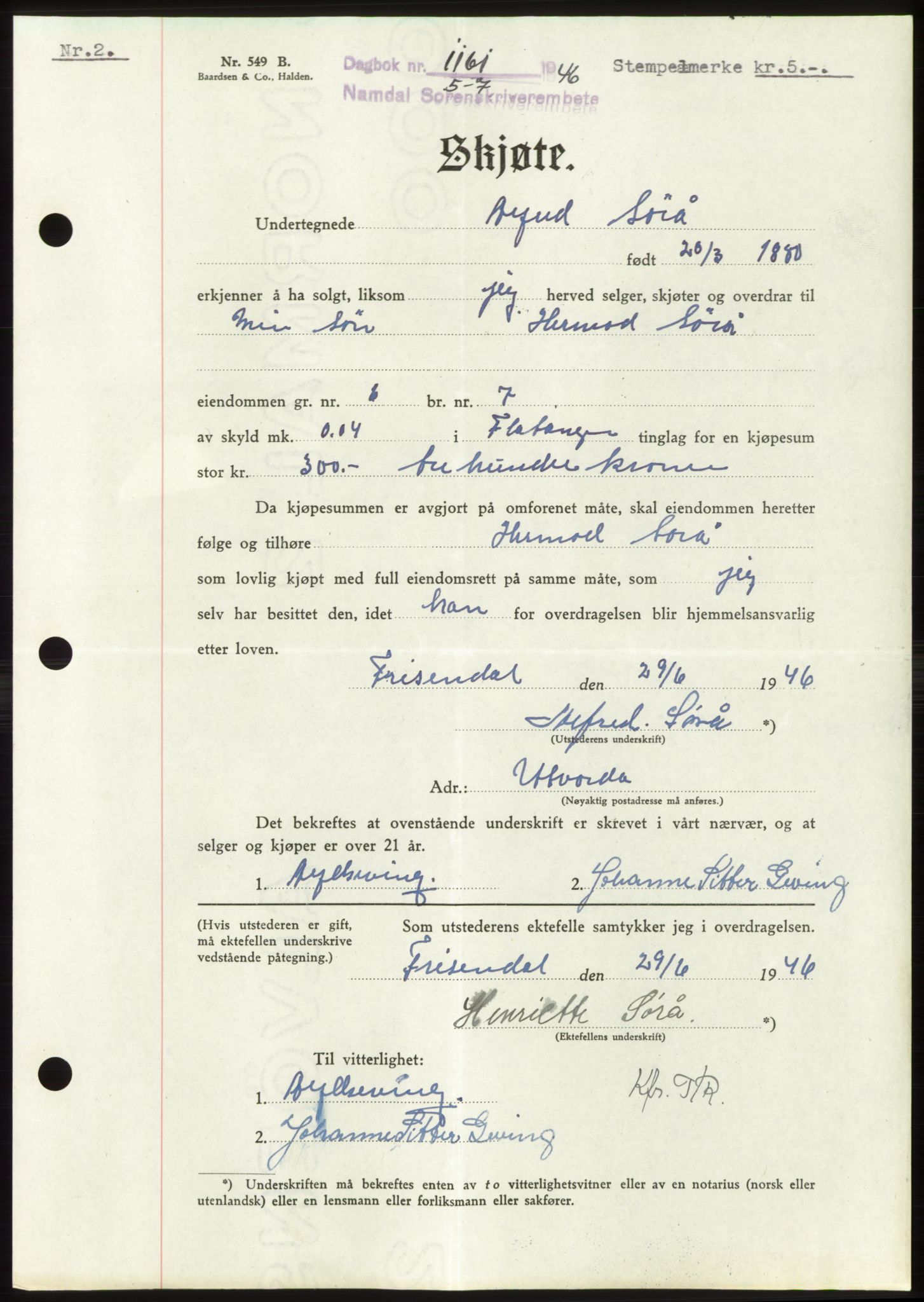 Namdal sorenskriveri, SAT/A-4133/1/2/2C: Pantebok nr. -, 1946-1946, Dagboknr: 1161/1946
