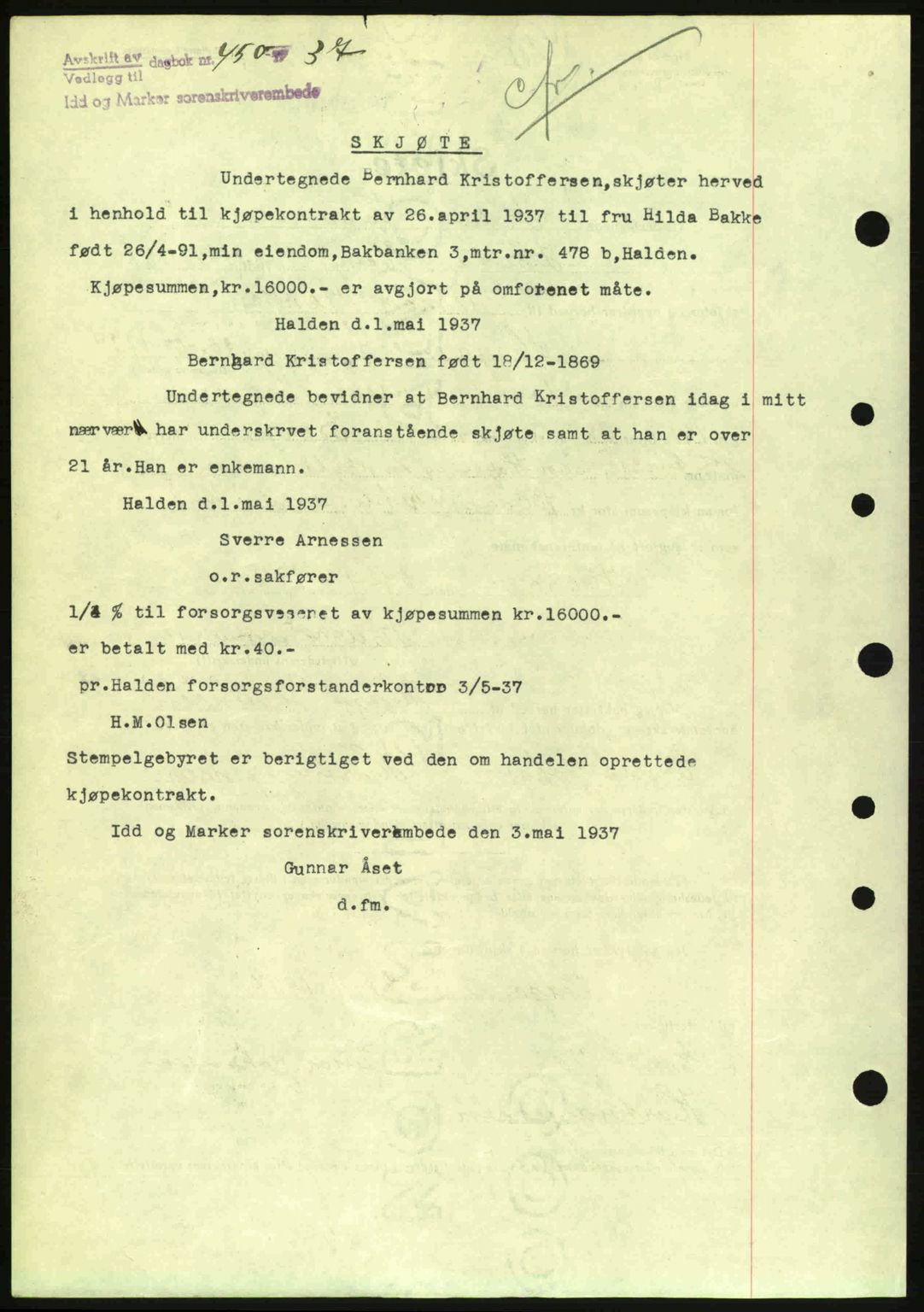 Idd og Marker sorenskriveri, AV/SAO-A-10283/G/Gb/Gbb/L0001: Pantebok nr. A1, 1936-1937, Dagboknr: 453/1937