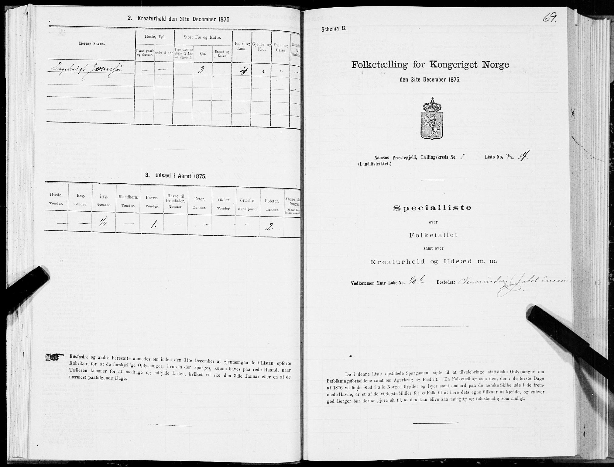 SAT, Folketelling 1875 for 1745L Namsos prestegjeld, Vemundvik sokn og Sævik sokn, 1875, s. 2069