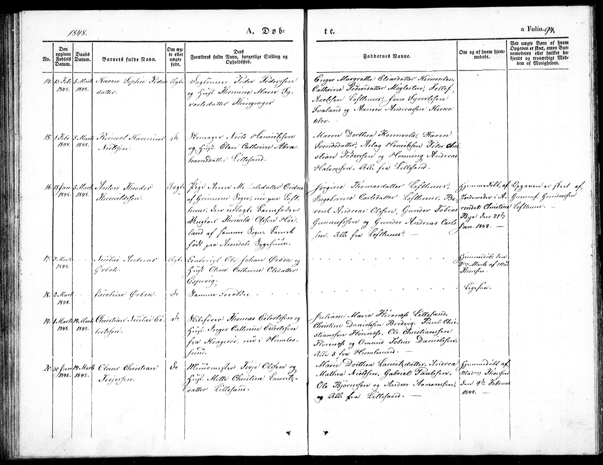 Vestre Moland sokneprestkontor, AV/SAK-1111-0046/F/Fb/Fbb/L0002: Klokkerbok nr. B 2, 1836-1851, s. 94