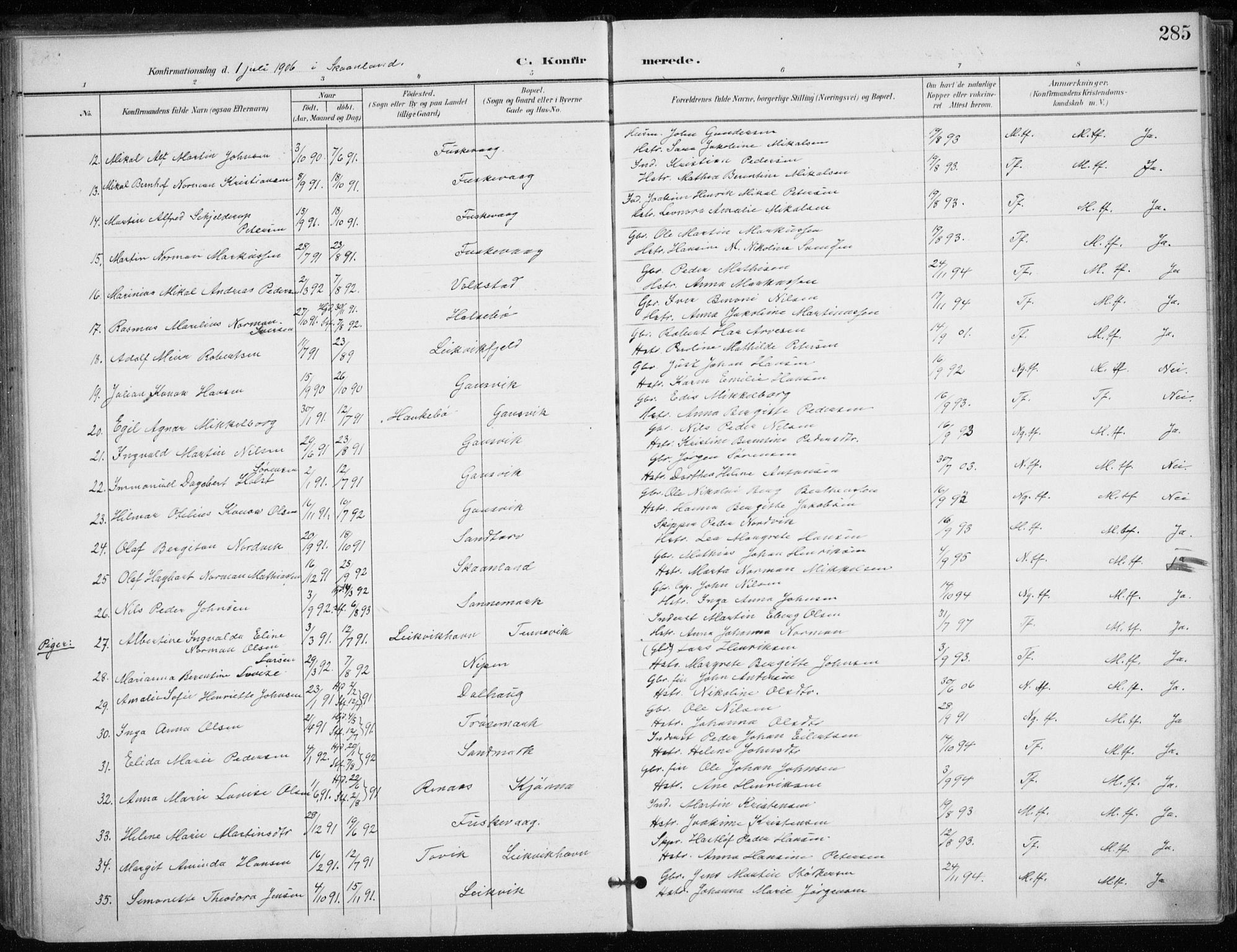 Trondenes sokneprestkontor, AV/SATØ-S-1319/H/Ha/L0017kirke: Ministerialbok nr. 17, 1899-1908, s. 285