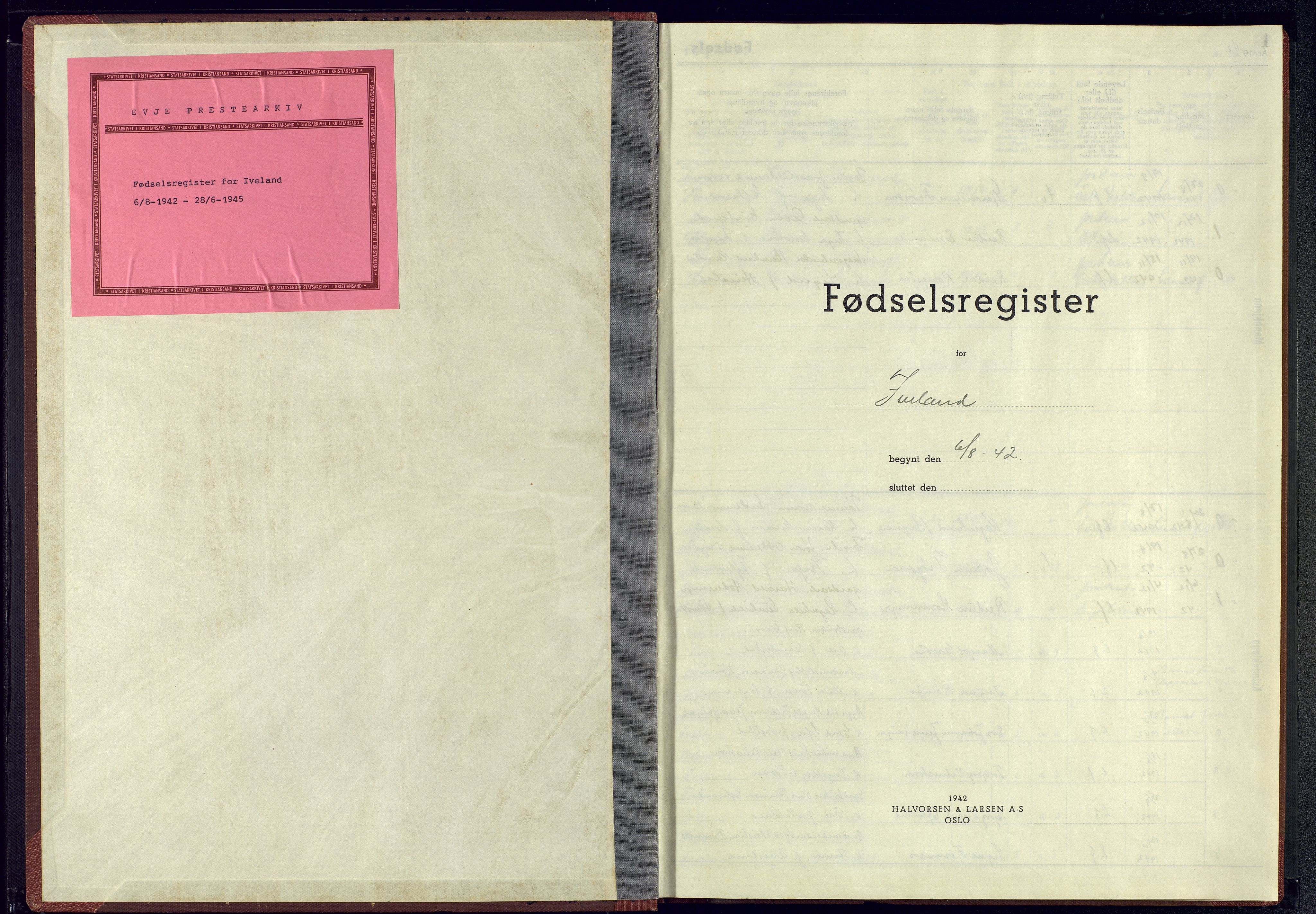 Evje sokneprestkontor, SAK/1111-0008/J/Je/L0003: Fødselsregister nr. II.6.3, 1942-1945