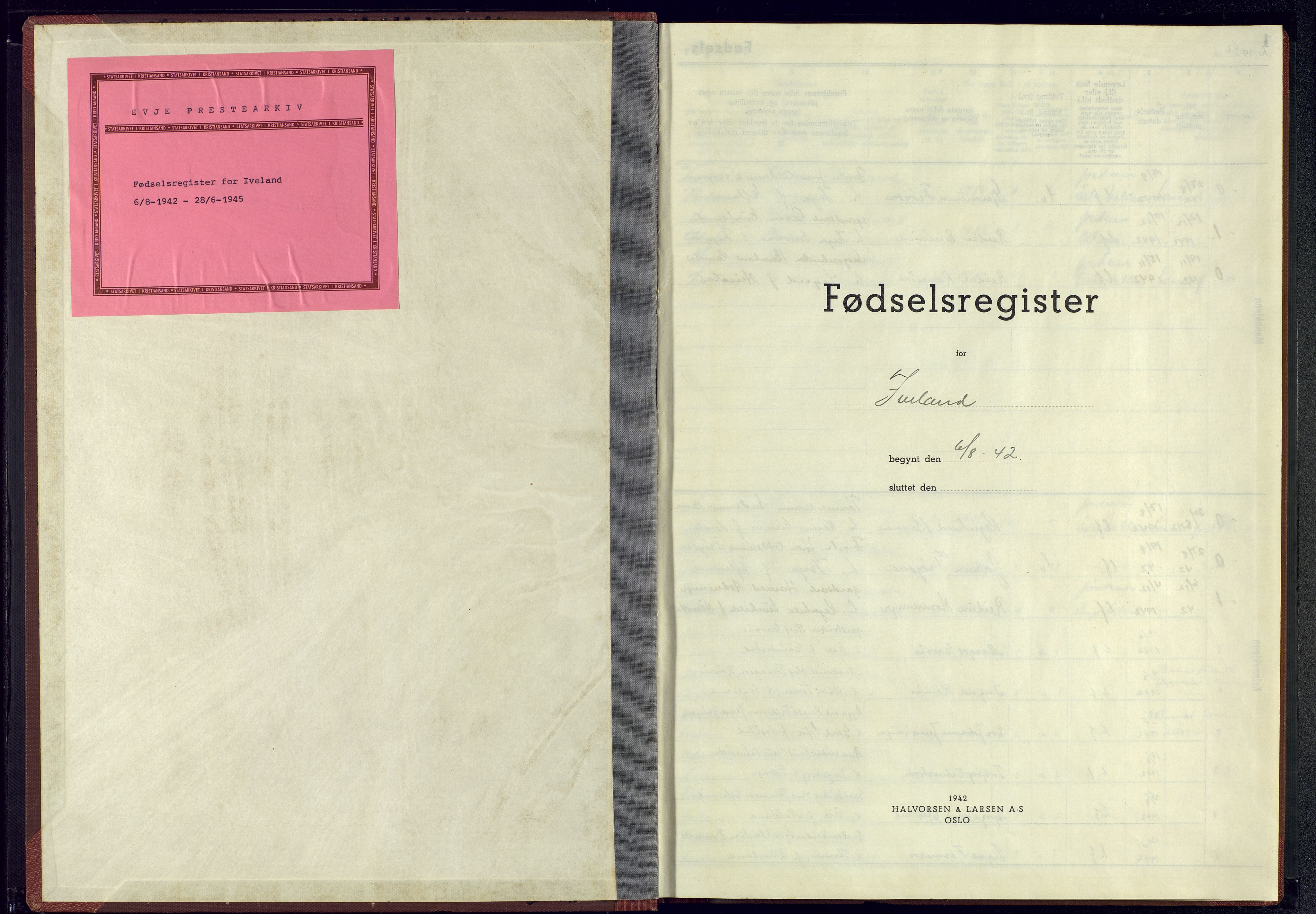 Evje sokneprestkontor, AV/SAK-1111-0008/J/Je/L0003: Fødselsregister nr. II.6.3, 1942-1945