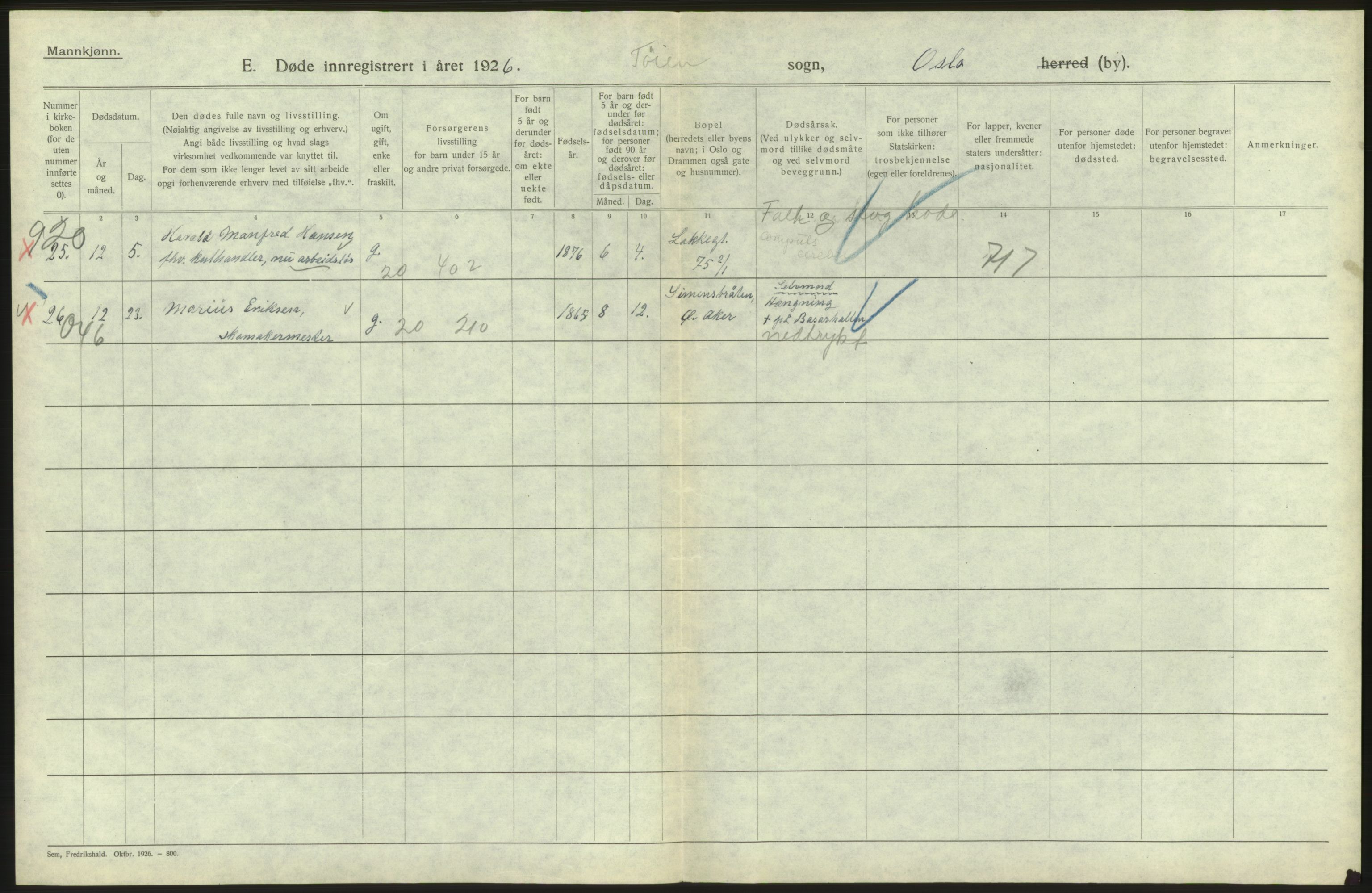 Statistisk sentralbyrå, Sosiodemografiske emner, Befolkning, AV/RA-S-2228/D/Df/Dfc/Dfcf/L0009: Oslo: Døde menn, 1926, s. 460