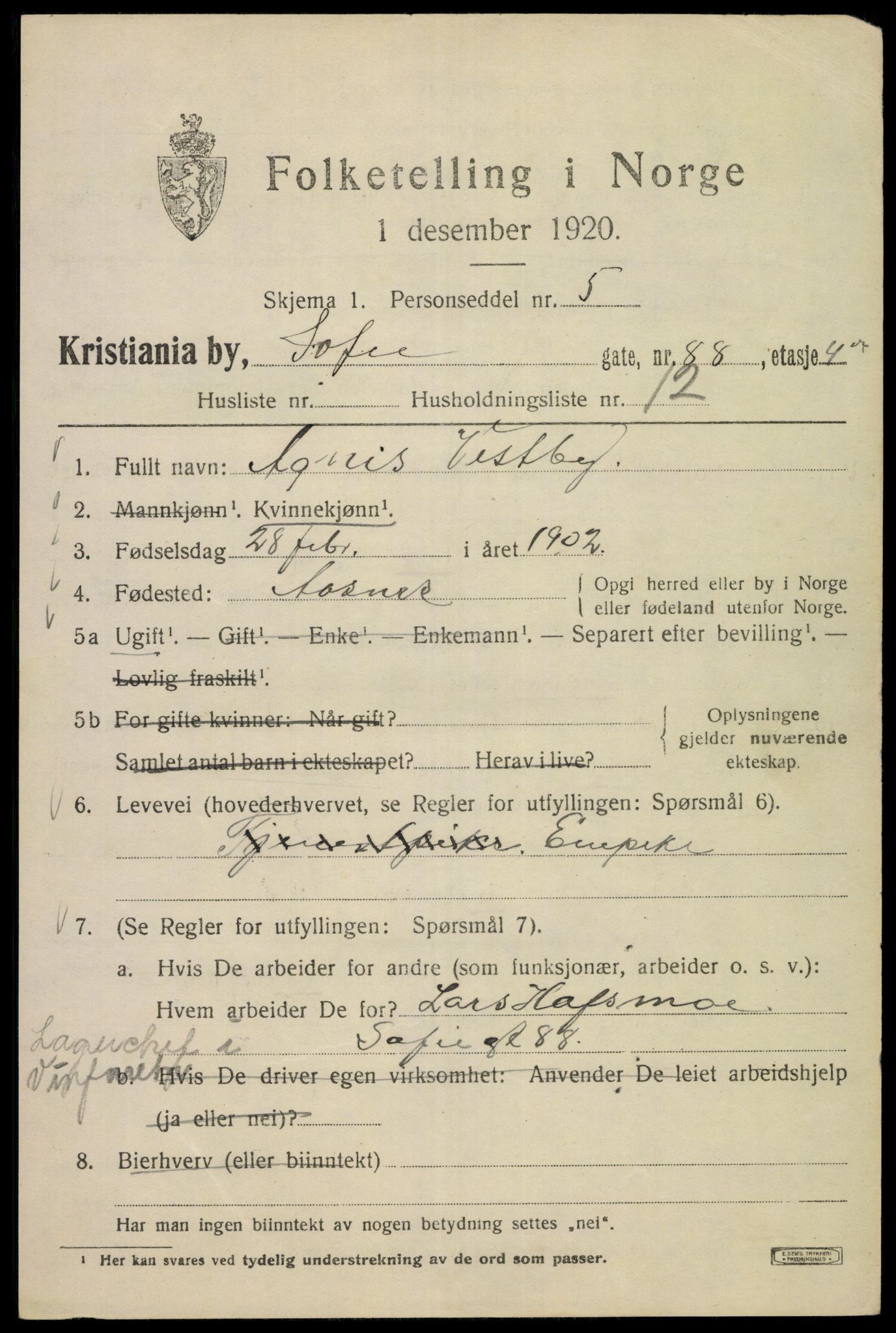 SAO, Folketelling 1920 for 0301 Kristiania kjøpstad, 1920, s. 526761