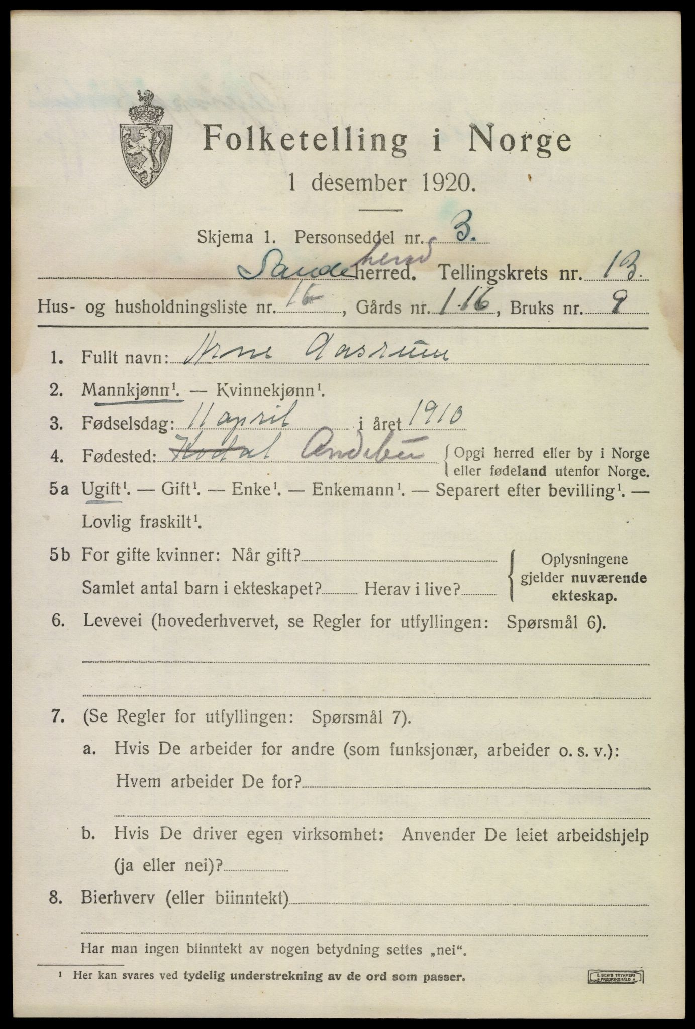 SAKO, Folketelling 1920 for 0724 Sandeherred herred, 1920, s. 19328