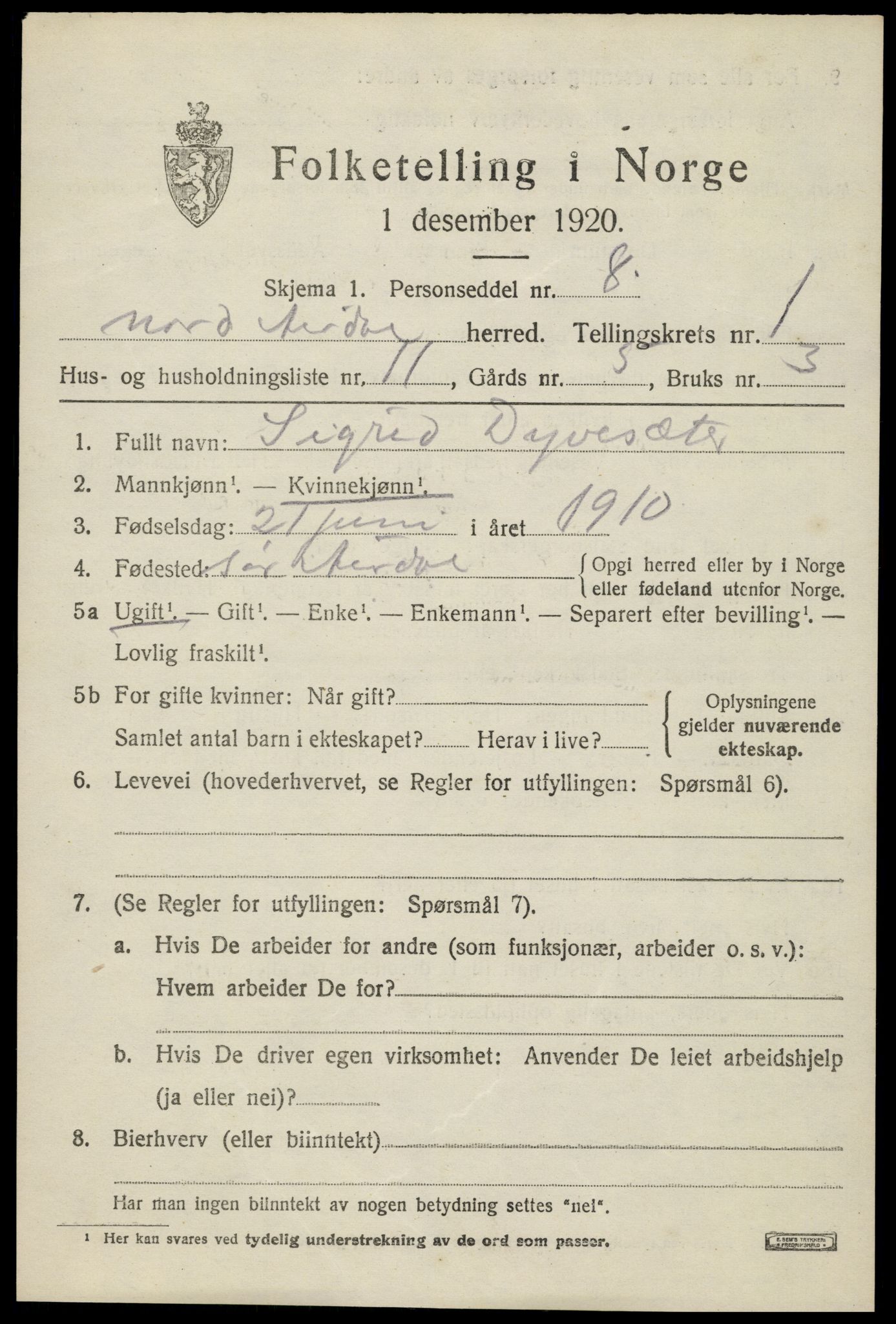 SAH, Folketelling 1920 for 0542 Nord-Aurdal herred, 1920, s. 2006