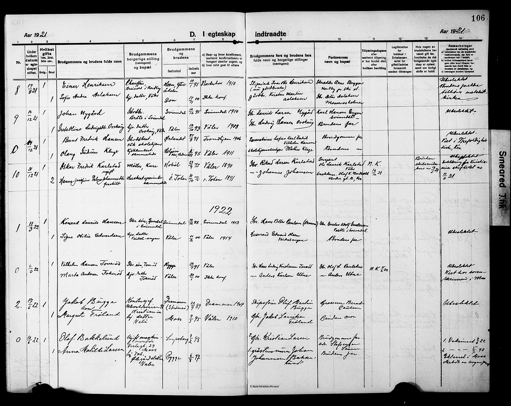 Våler prestekontor Kirkebøker, AV/SAO-A-11083/G/Ga/L0005: Klokkerbok nr. I 5, 1915-1931, s. 106