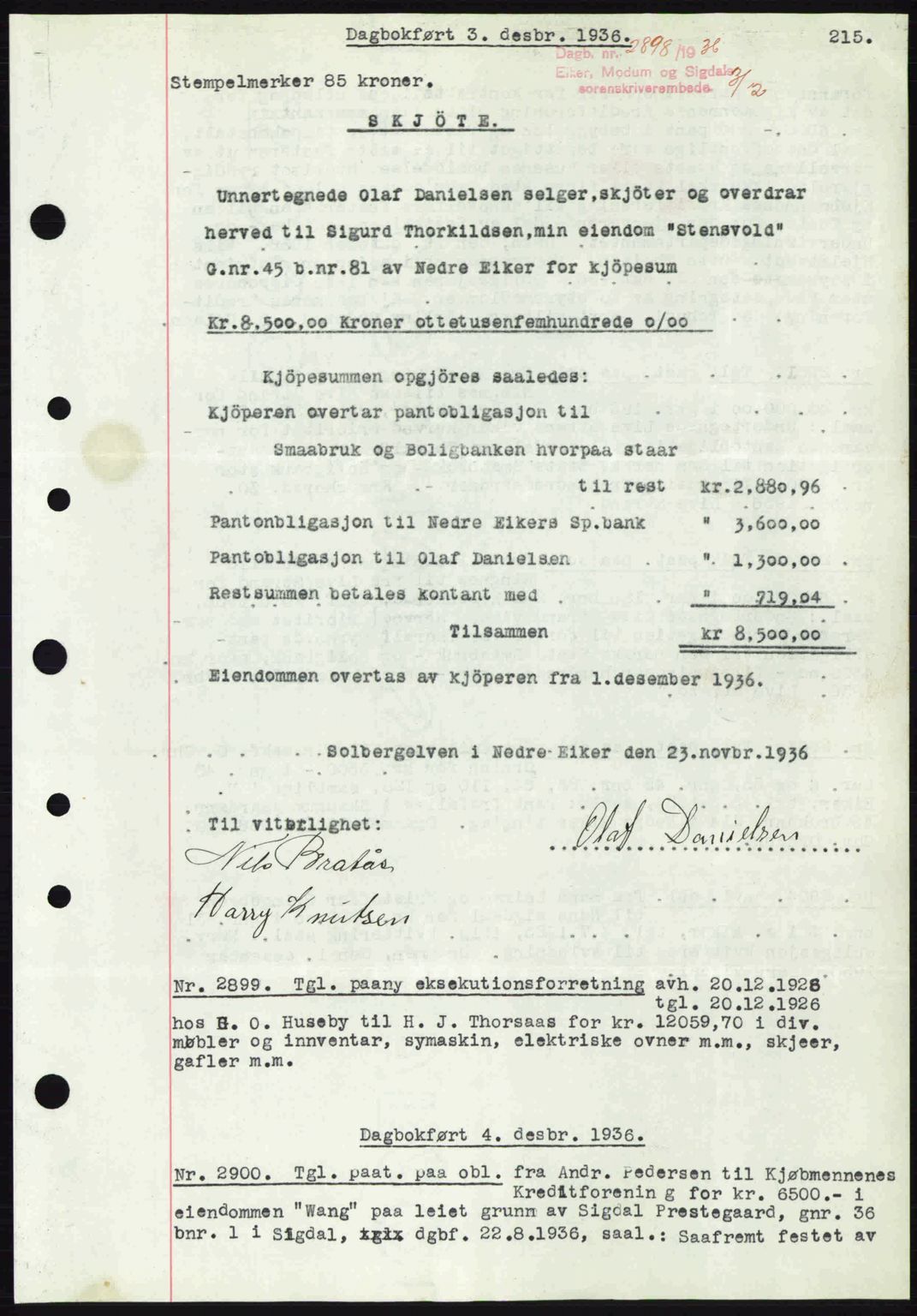 Eiker, Modum og Sigdal sorenskriveri, SAKO/A-123/G/Ga/Gab/L0034: Pantebok nr. A4, 1936-1937, Dagboknr: 2898/1936