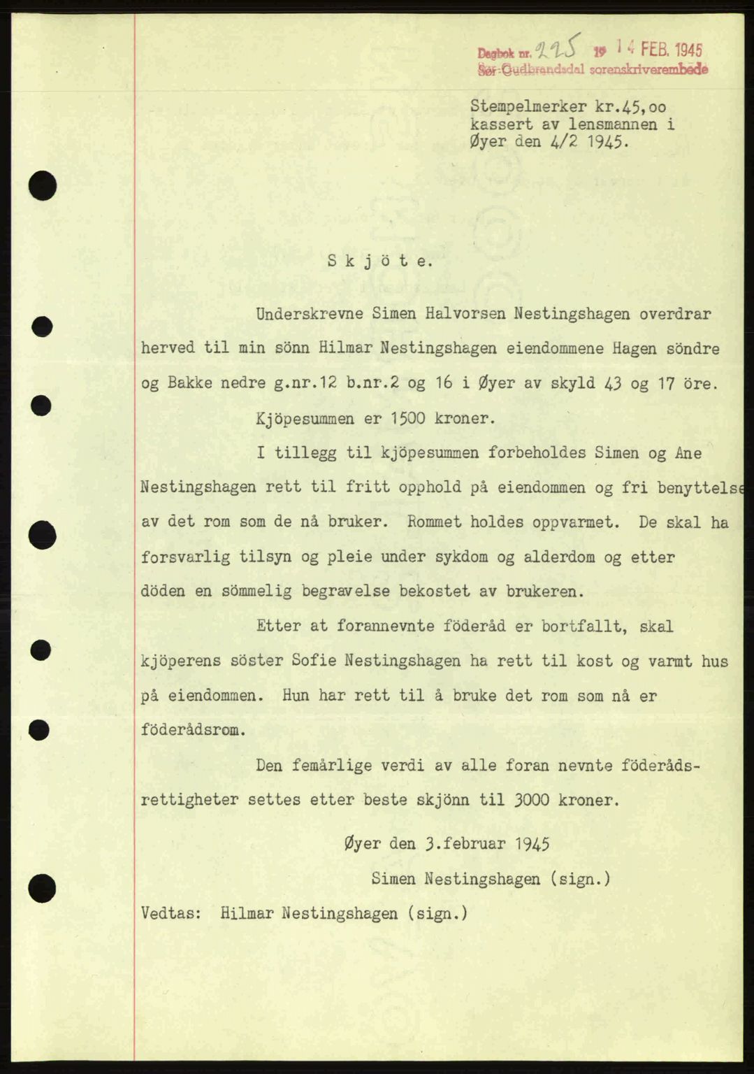 Sør-Gudbrandsdal tingrett, SAH/TING-004/H/Hb/Hbd/L0014: Pantebok nr. A14, 1944-1945, Dagboknr: 225/1945