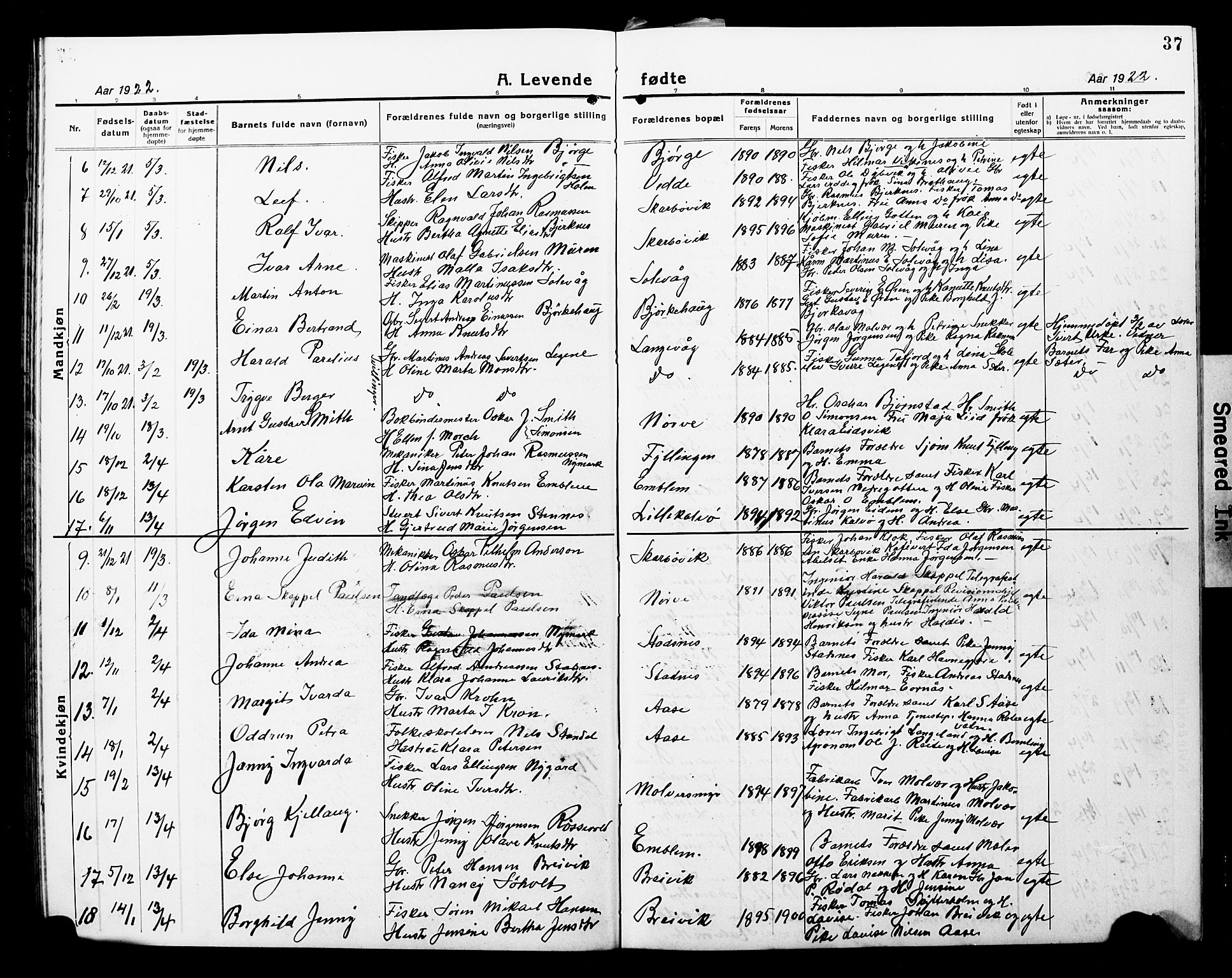 Ministerialprotokoller, klokkerbøker og fødselsregistre - Møre og Romsdal, AV/SAT-A-1454/528/L0434: Klokkerbok nr. 528C15, 1919-1927, s. 37